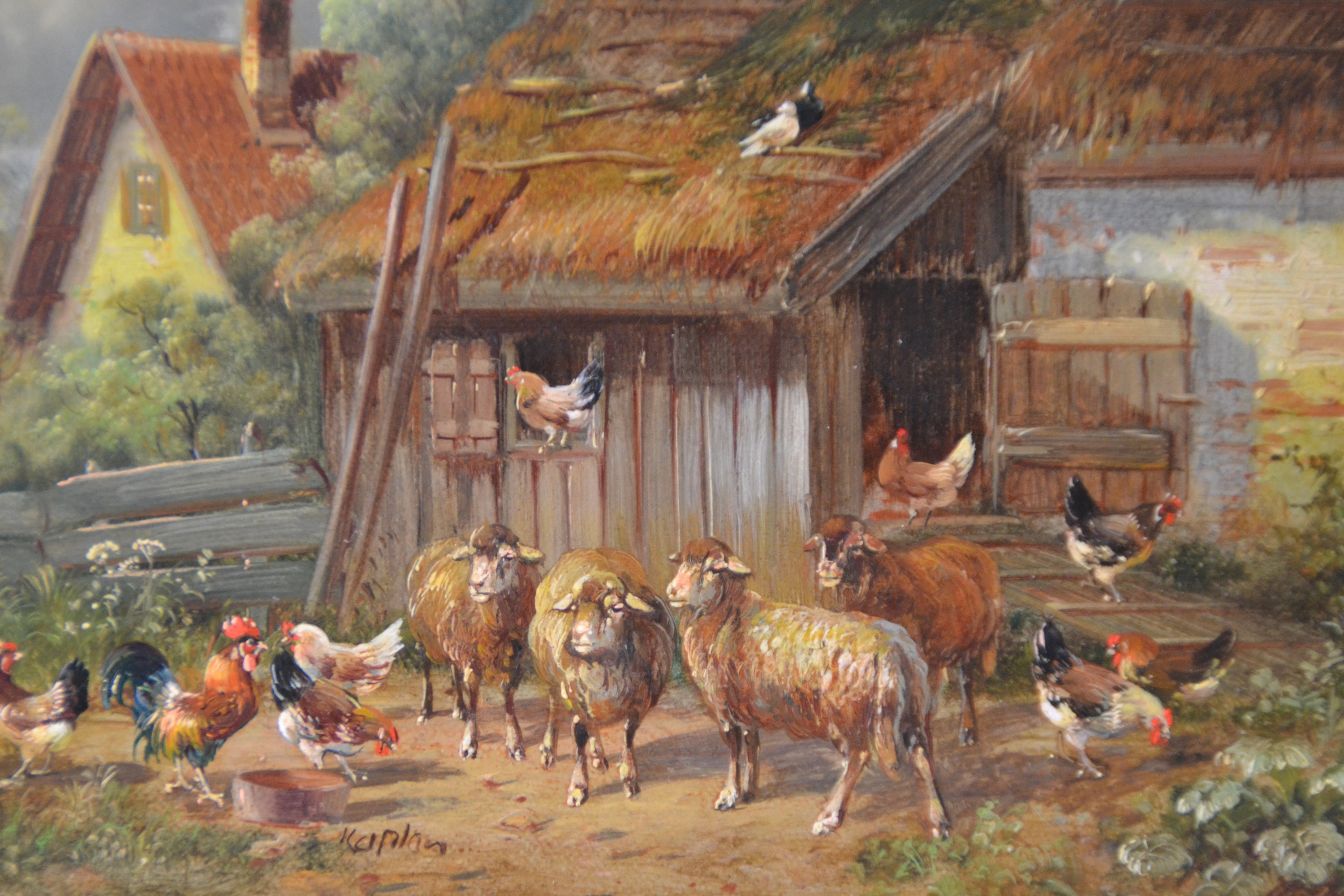 Detail c: Hubert Kaplan, geb. 1940 München, Schafe und Hühner vor Hühnerstall, Öl/Holzplatte, mittig unten signiert, 10x15 cm, Rahmen 17x22 cm