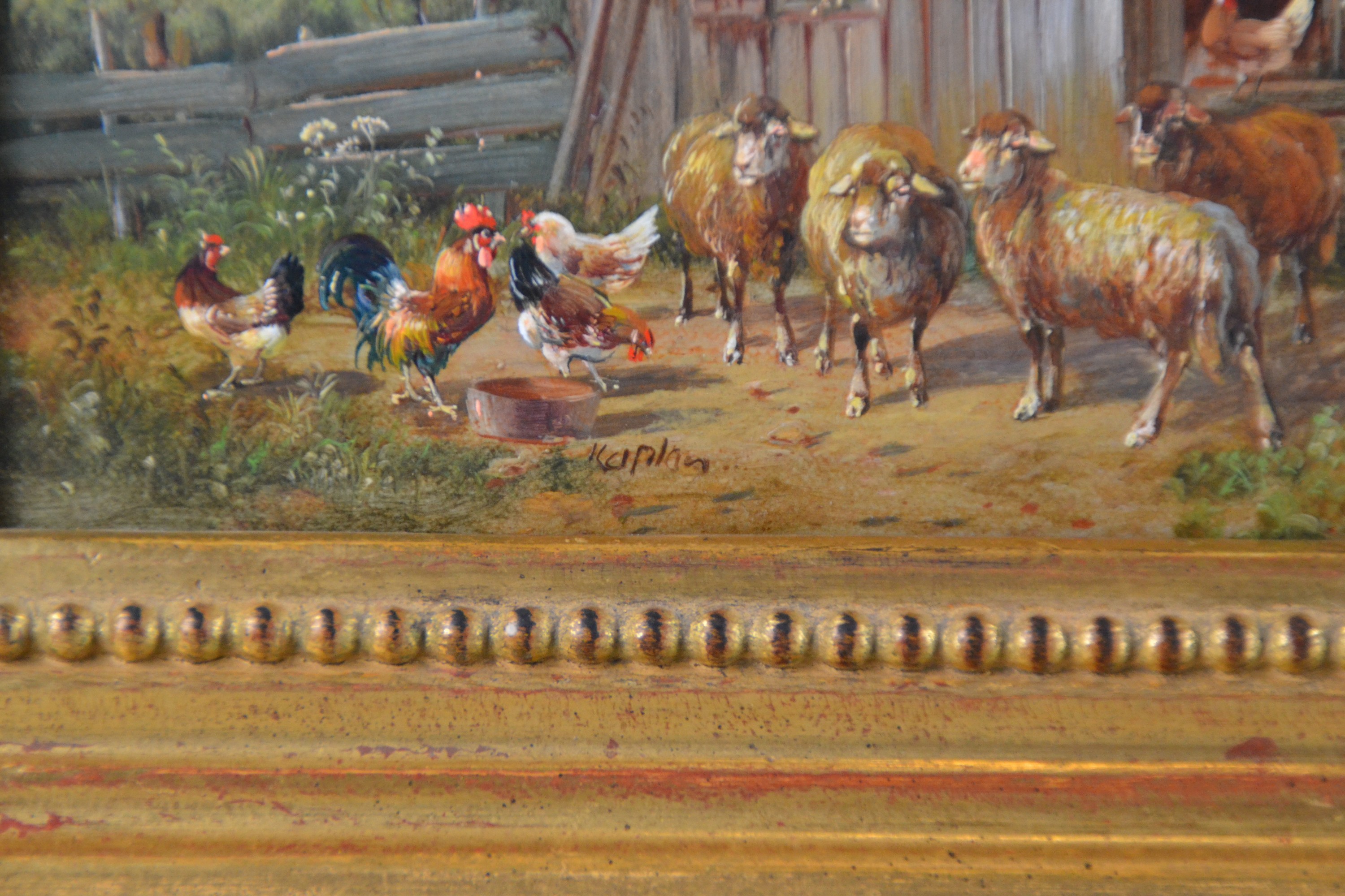 Detail d: Hubert Kaplan, geb. 1940 München, Schafe und Hühner vor Hühnerstall, Öl/Holzplatte, mittig unten signiert, 10x15 cm, Rahmen 17x22 cm