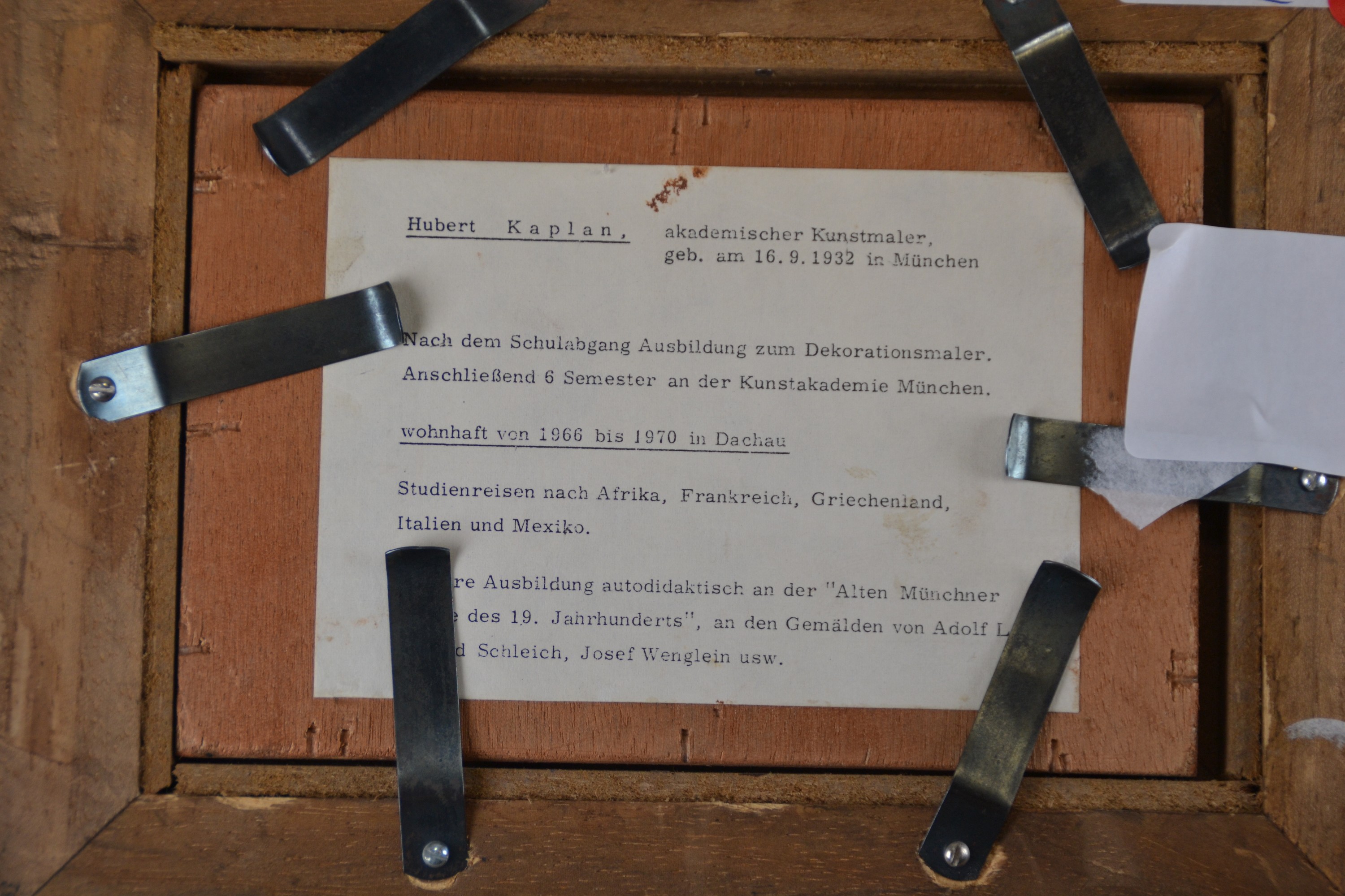 Detail e: Hubert Kaplan, geb. 1940 München, Schafe und Hühner vor Hühnerstall, Öl/Holzplatte, mittig unten signiert, 10x15 cm, Rahmen 17x22 cm