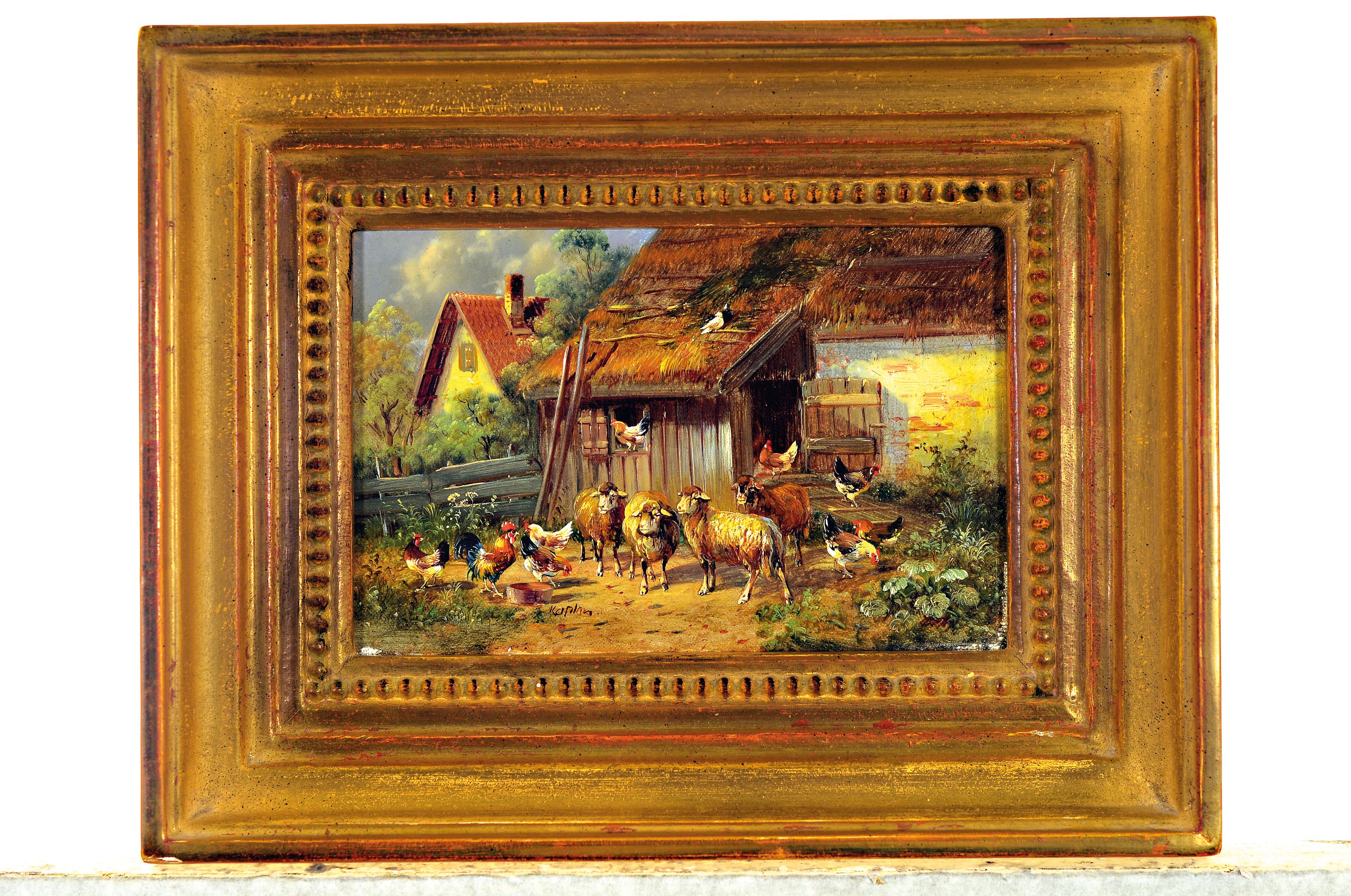 Detail k: Hubert Kaplan, geb. 1940 München, Schafe und Hühner vor Hühnerstall, Öl/Holzplatte, mittig unten signiert, 10x15 cm, Rahmen 17x22 cm