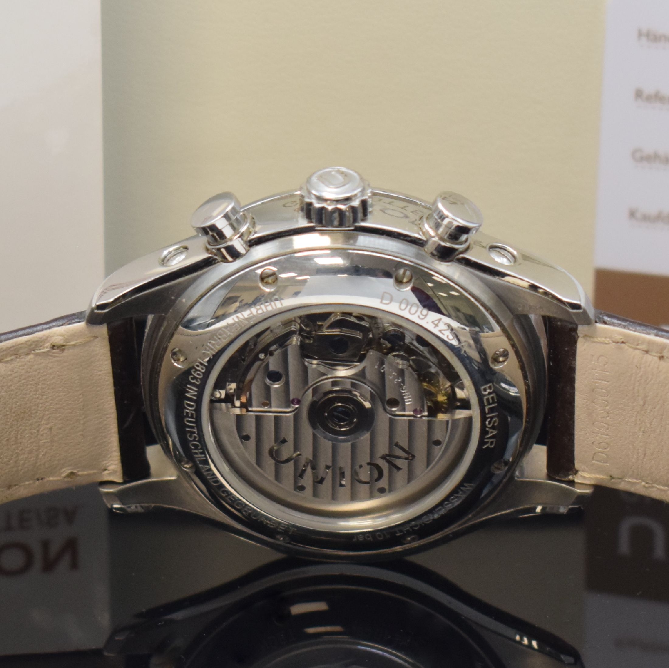 Detail d: UNION GLASHÜTTE/SA Belisar Herrenarmbanduhr in Stahl Referenz D009.425A, Deutschland verk. lt. beil. Pap. 08/2020, Automatik, beids. vergl. Geh. ...