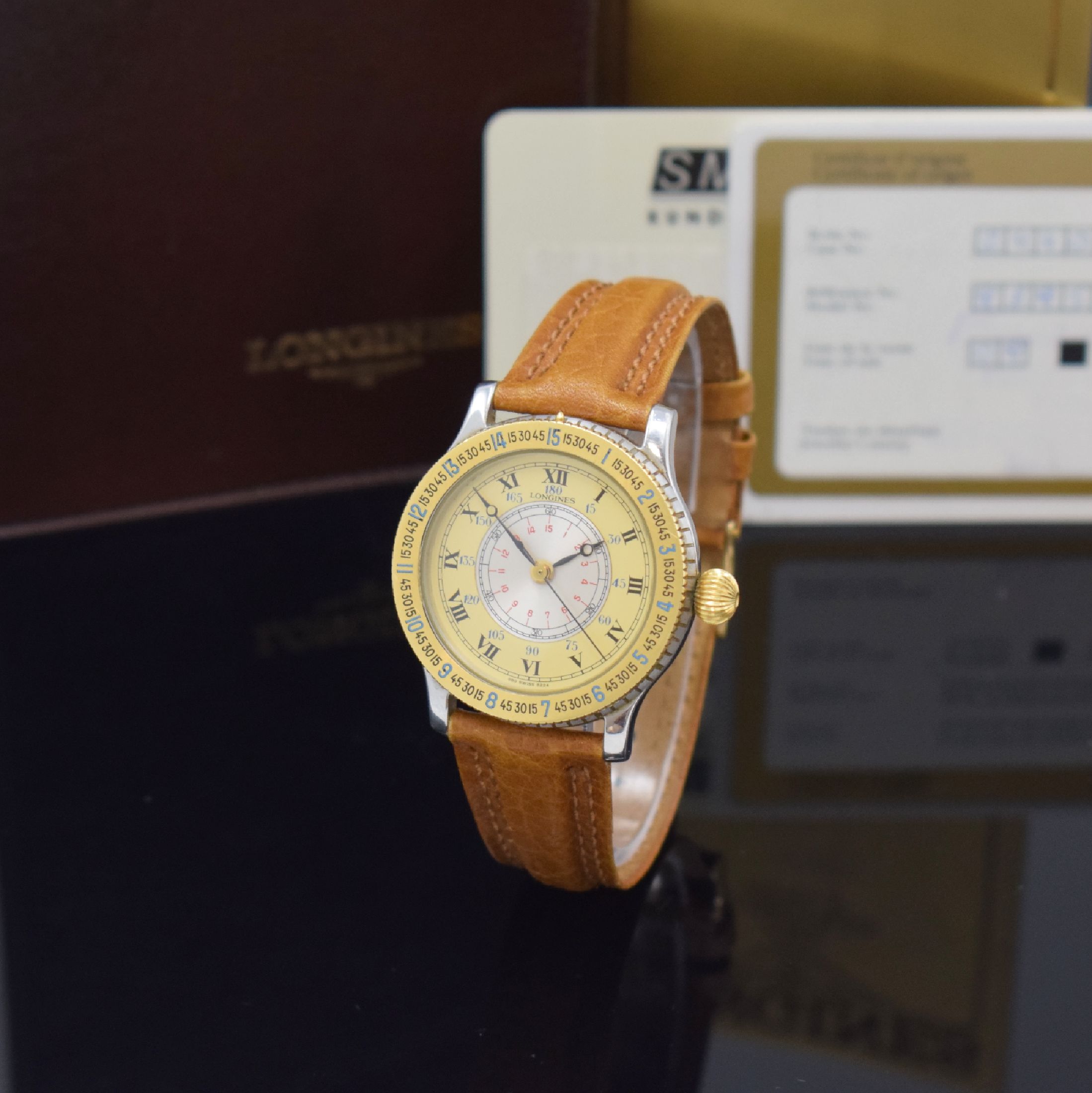 LONGINES seltene Armbanduhr "Hour Angle Watch" Referenz 5224-989, Automatik, Edelstahlgeh. inkl. orig. Lederband m. orig. Dornschl., Boden ...