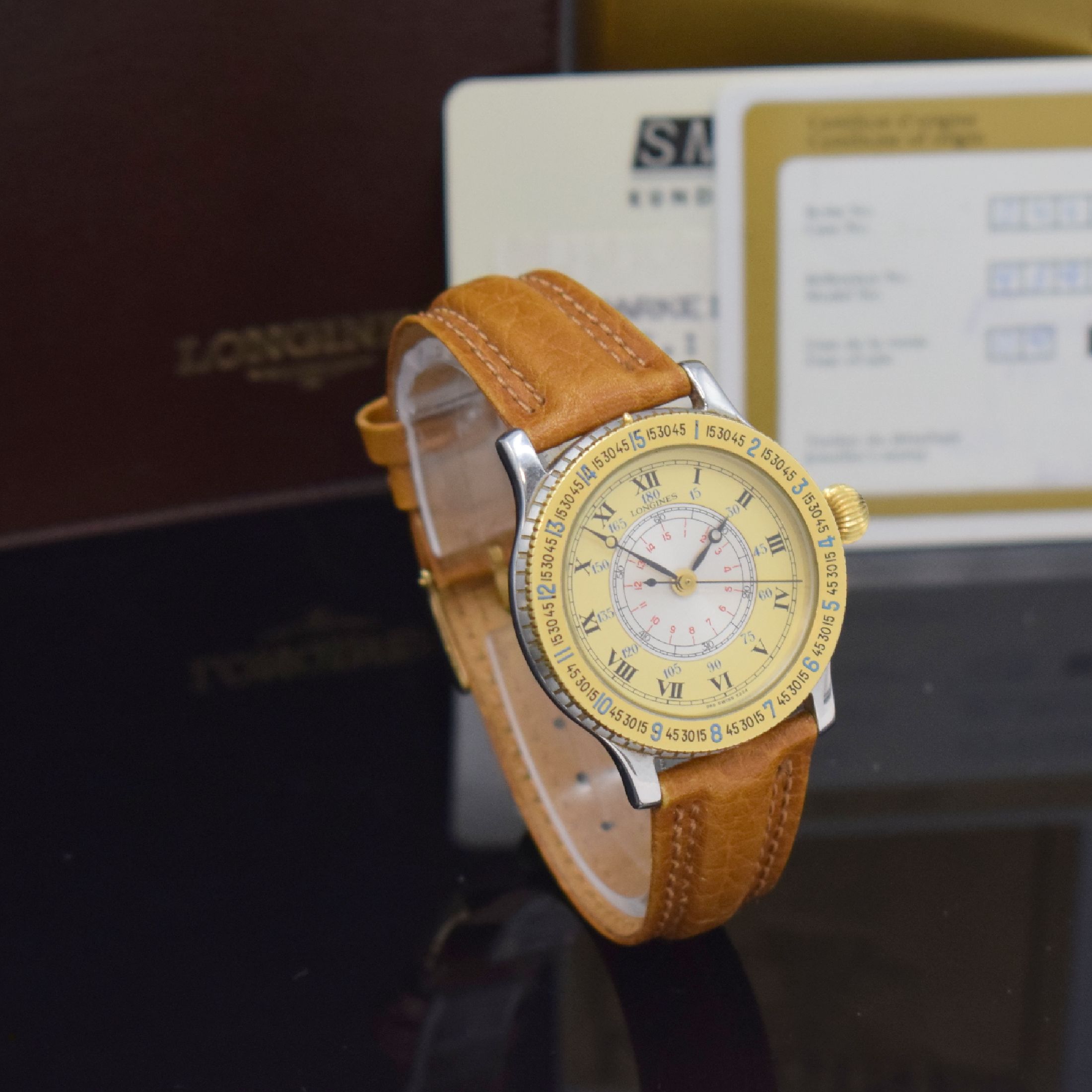 Detail b: LONGINES seltene Armbanduhr "Hour Angle Watch" Referenz 5224-989, Automatik, Edelstahlgeh. inkl. orig. Lederband m. orig. Dornschl., Boden ...