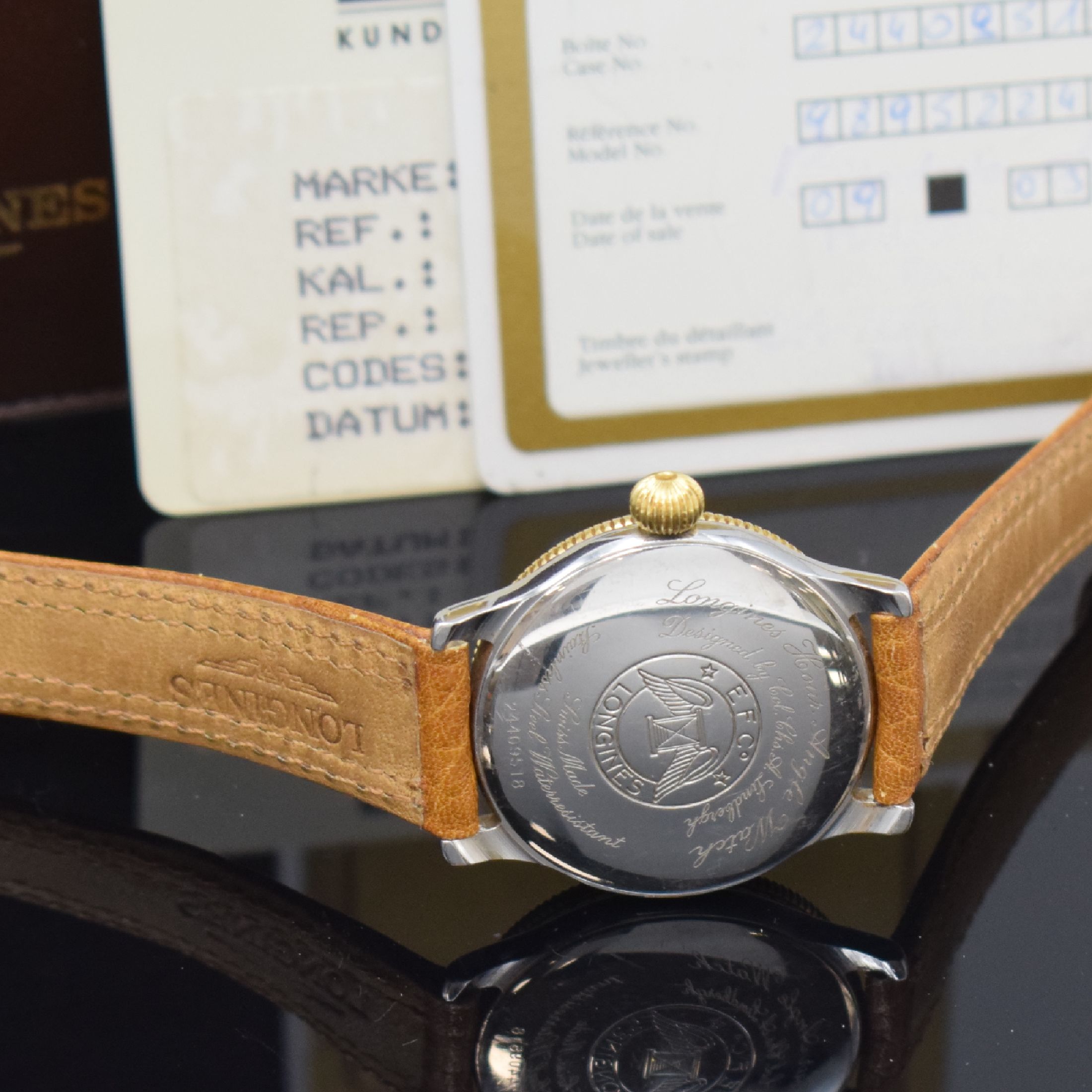 Detail d: LONGINES seltene Armbanduhr "Hour Angle Watch" Referenz 5224-989, Automatik, Edelstahlgeh. inkl. orig. Lederband m. orig. Dornschl., Boden ...