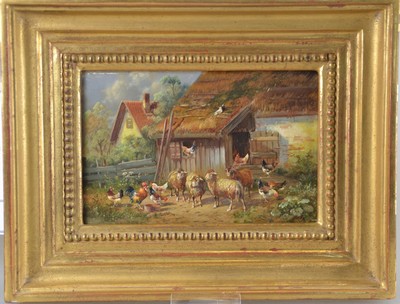 26726925b - Hubert Kaplan, born in Munich in 1940, sheep and chickens in front of a chicken coop, oil/wood panel, signed at the bottom center, 10x15 cm, frame 17x22 cm