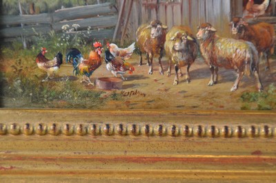 26726925d - Hubert Kaplan, born in Munich in 1940, sheep and chickens in front of a chicken coop, oil/wood panel, signed at the bottom center, 10x15 cm, frame 17x22 cm