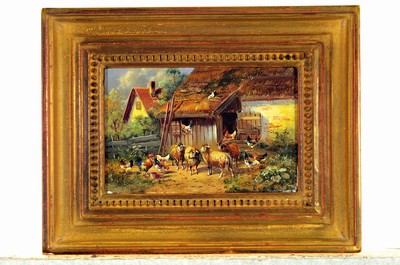 26726925k - Hubert Kaplan, born in Munich in 1940, sheep and chickens in front of a chicken coop, oil/wood panel, signed at the bottom center, 10x15 cm, frame 17x22 cm