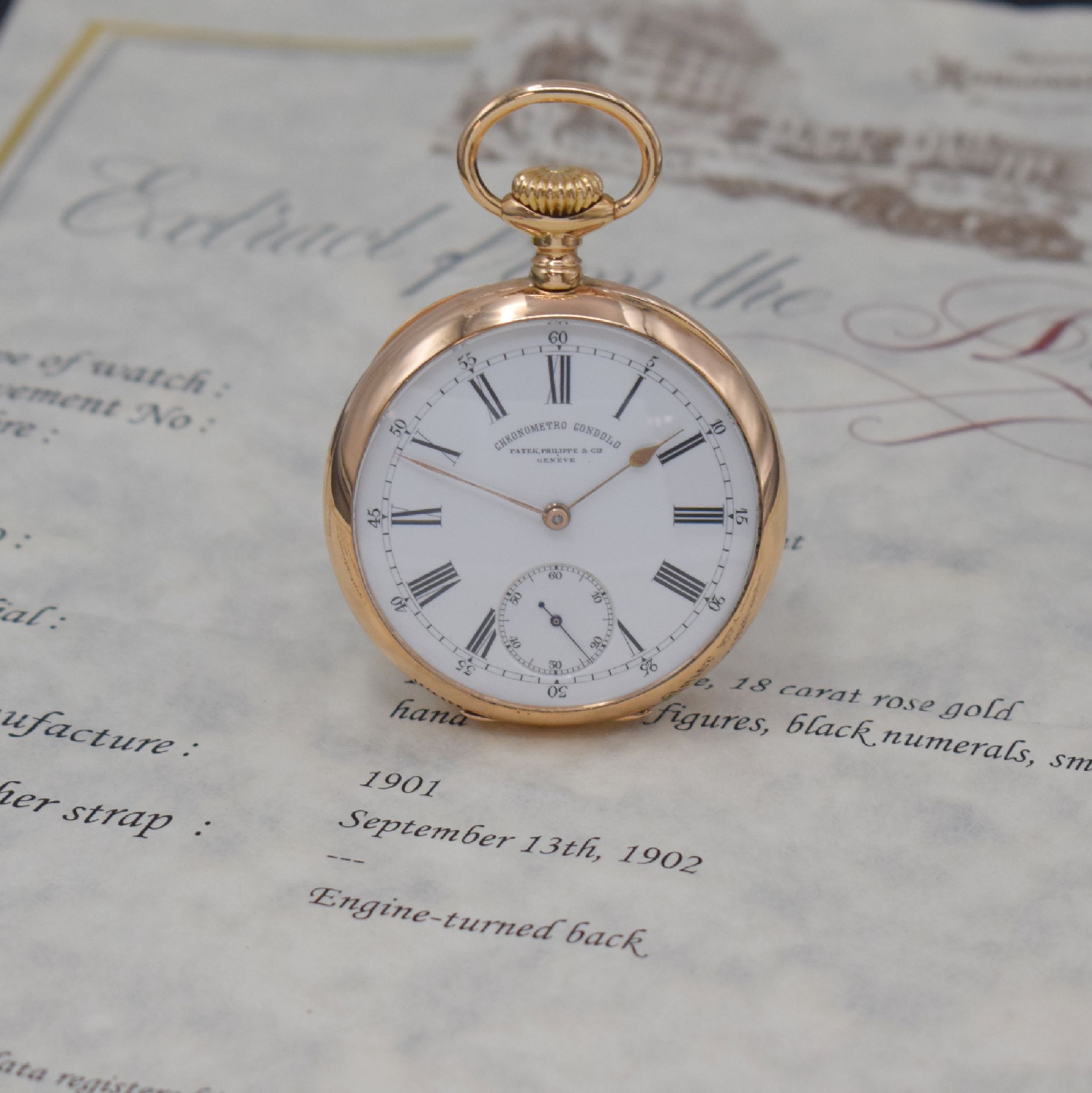 PATEK PHILIPPE Chronometro Gondolo offene Herrentaschenuhr in RoséG 750/000, 2-Deckel Goldgeh., guill. Boden zum Rand ber., 2-teil. Emailzifferbl. ...