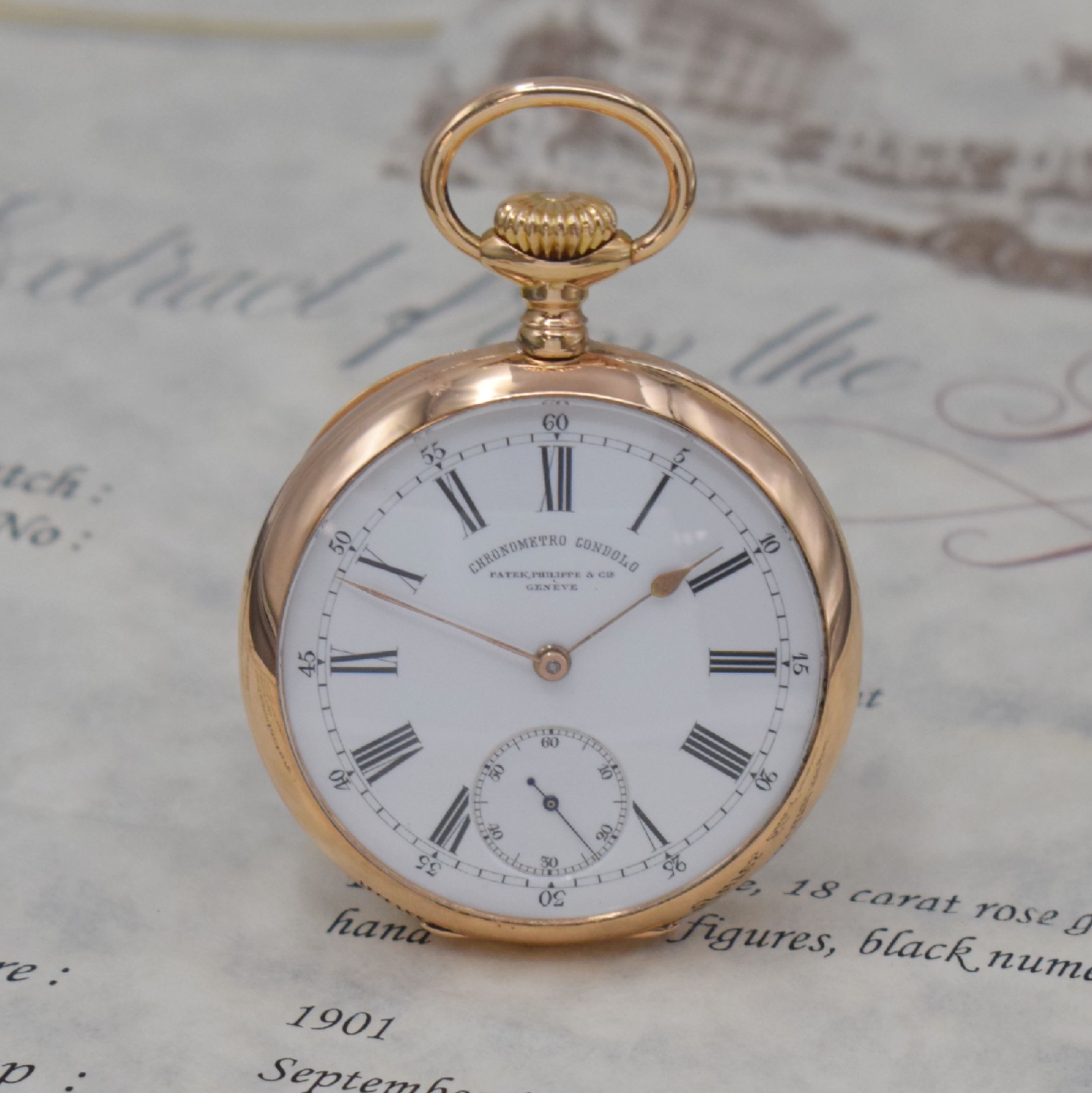 Detail a: PATEK PHILIPPE Chronometro Gondolo offene Herrentaschenuhr in RoséG 750/000, 2-Deckel Goldgeh., guill. Boden zum Rand ber., 2-teil. Emailzifferbl. ...
