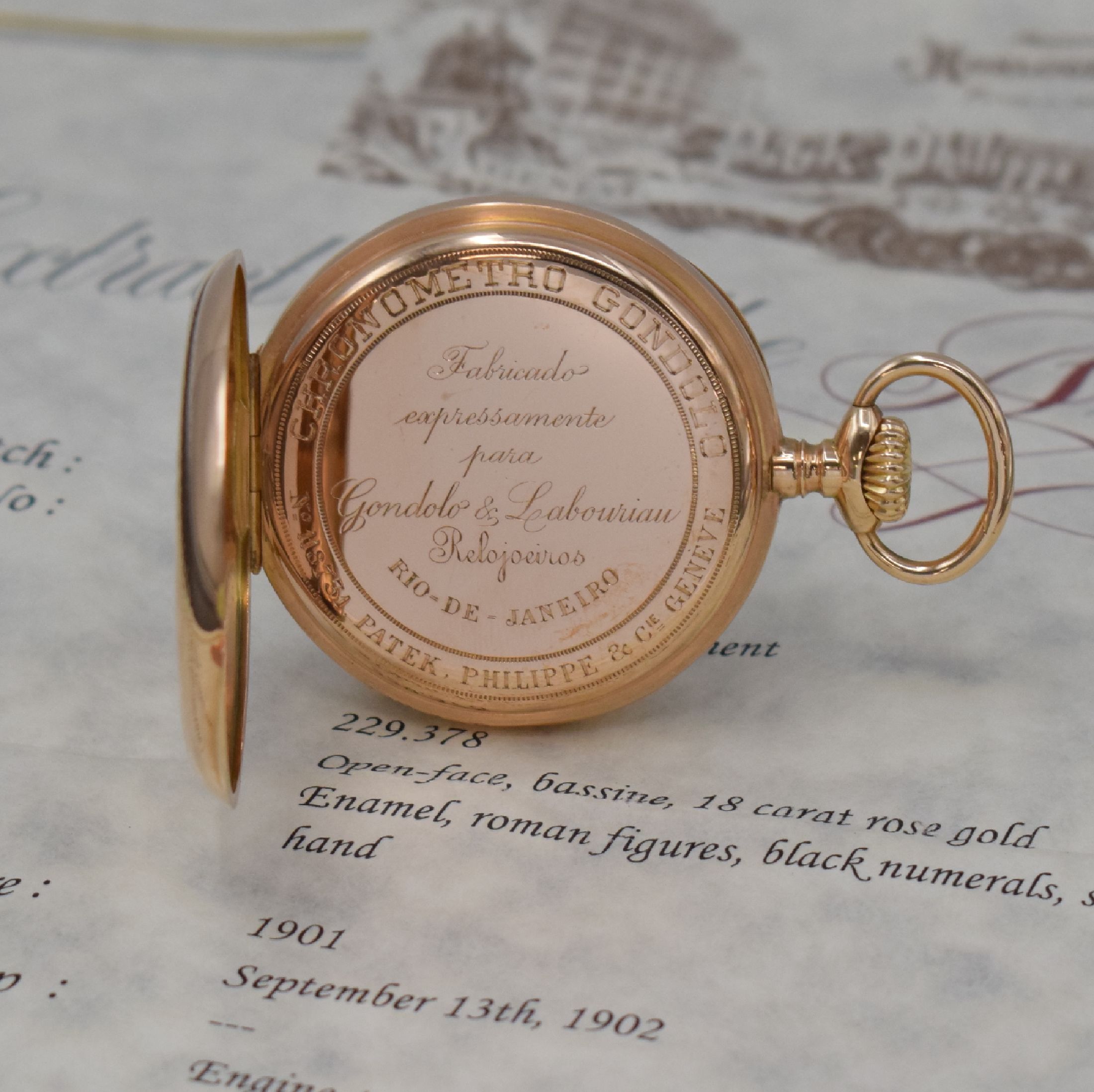 Detail c: PATEK PHILIPPE Chronometro Gondolo offene Herrentaschenuhr in RoséG 750/000, 2-Deckel Goldgeh., guill. Boden zum Rand ber., 2-teil. Emailzifferbl. ...