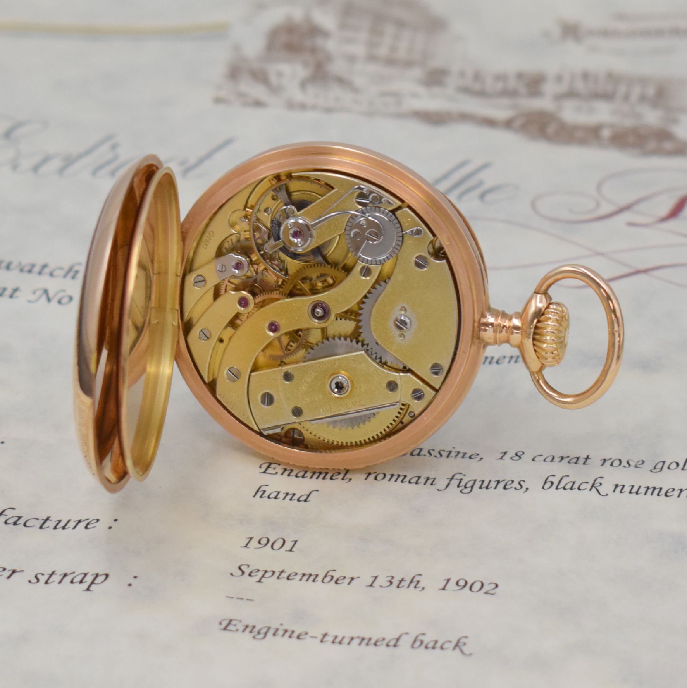 Detail f: PATEK PHILIPPE Chronometro Gondolo offene Herrentaschenuhr in RoséG 750/000, 2-Deckel Goldgeh., guill. Boden zum Rand ber., 2-teil. Emailzifferbl. ...