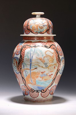 Image 26727115 - Lidded vase, China, 20th century, porcelain, Xuantong mark, polychrome decoration, mons andimage cartouche with tigers, age range, H.