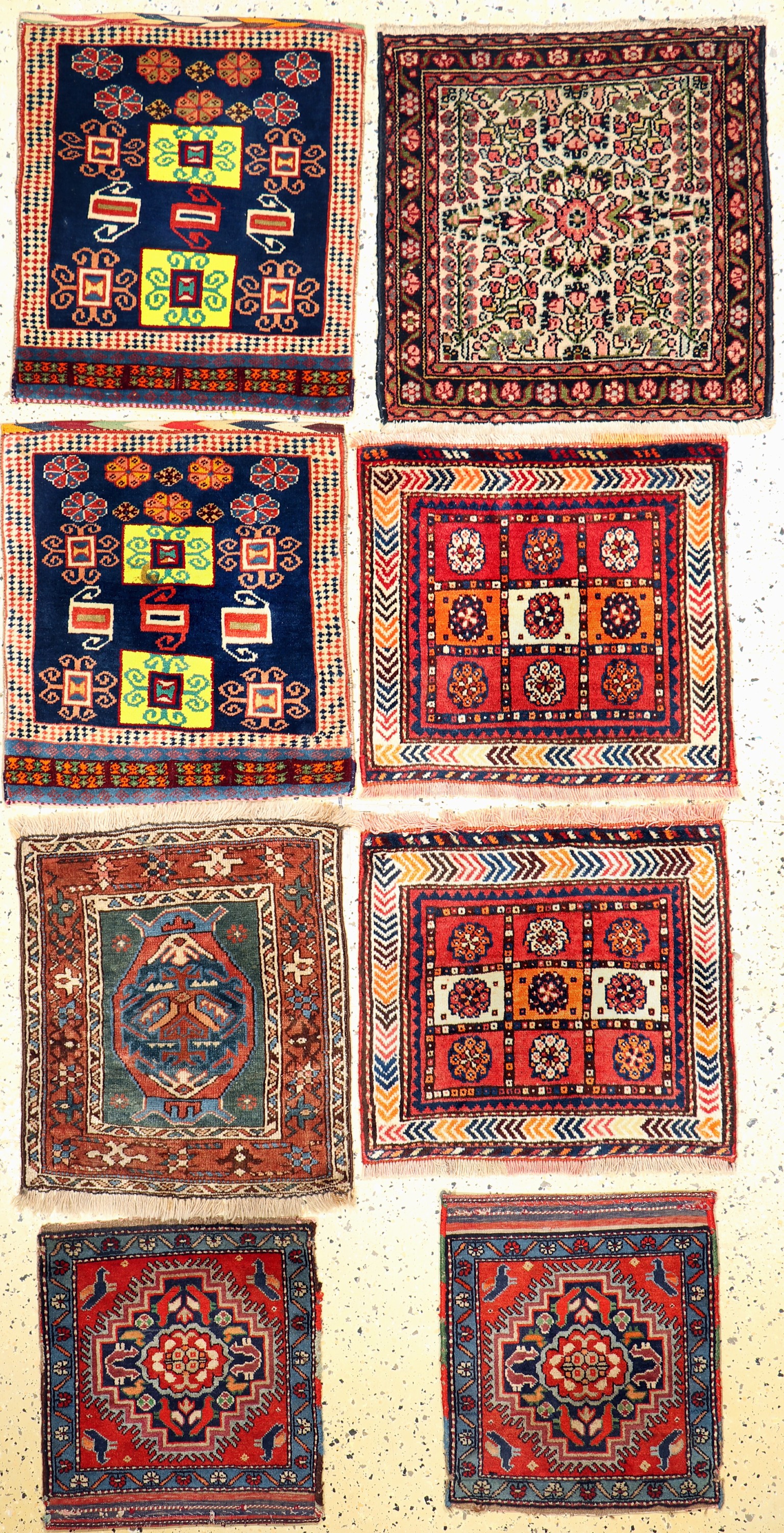 Konvolut aus 8 Poschti & Taschenfront, Persien, um 1920/1940, Wolle auf Wolle & Baumwolle, ca. 60 x 55 cm, EHZ: 3