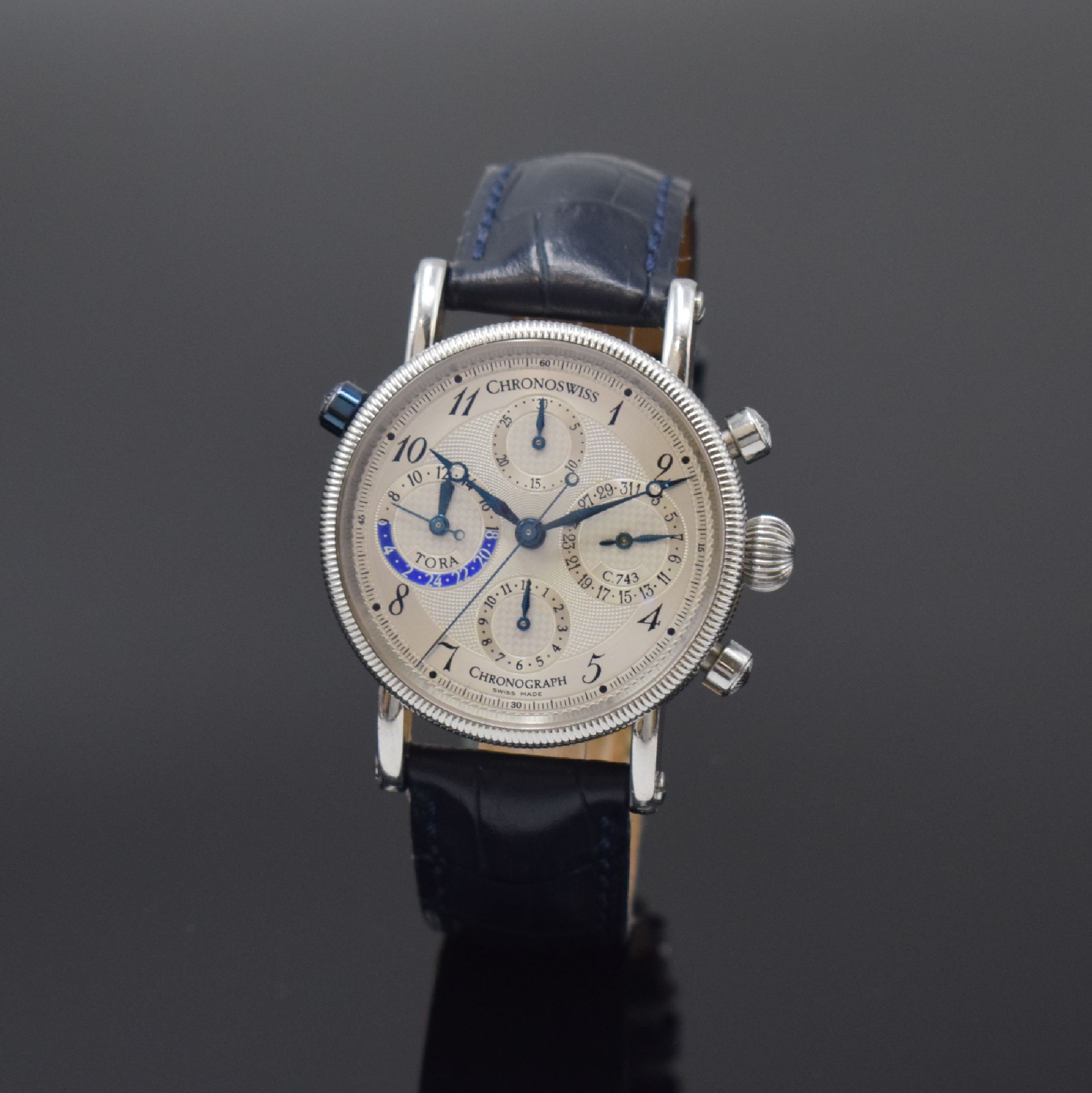 CHRONOSWISS Armbandchronograph Modell Tora in Stahl Referenz CH 7423, Schweiz um 2005, Automatik, beids. vergl. Geh. inkl. Lederband m. Dornschl., ...