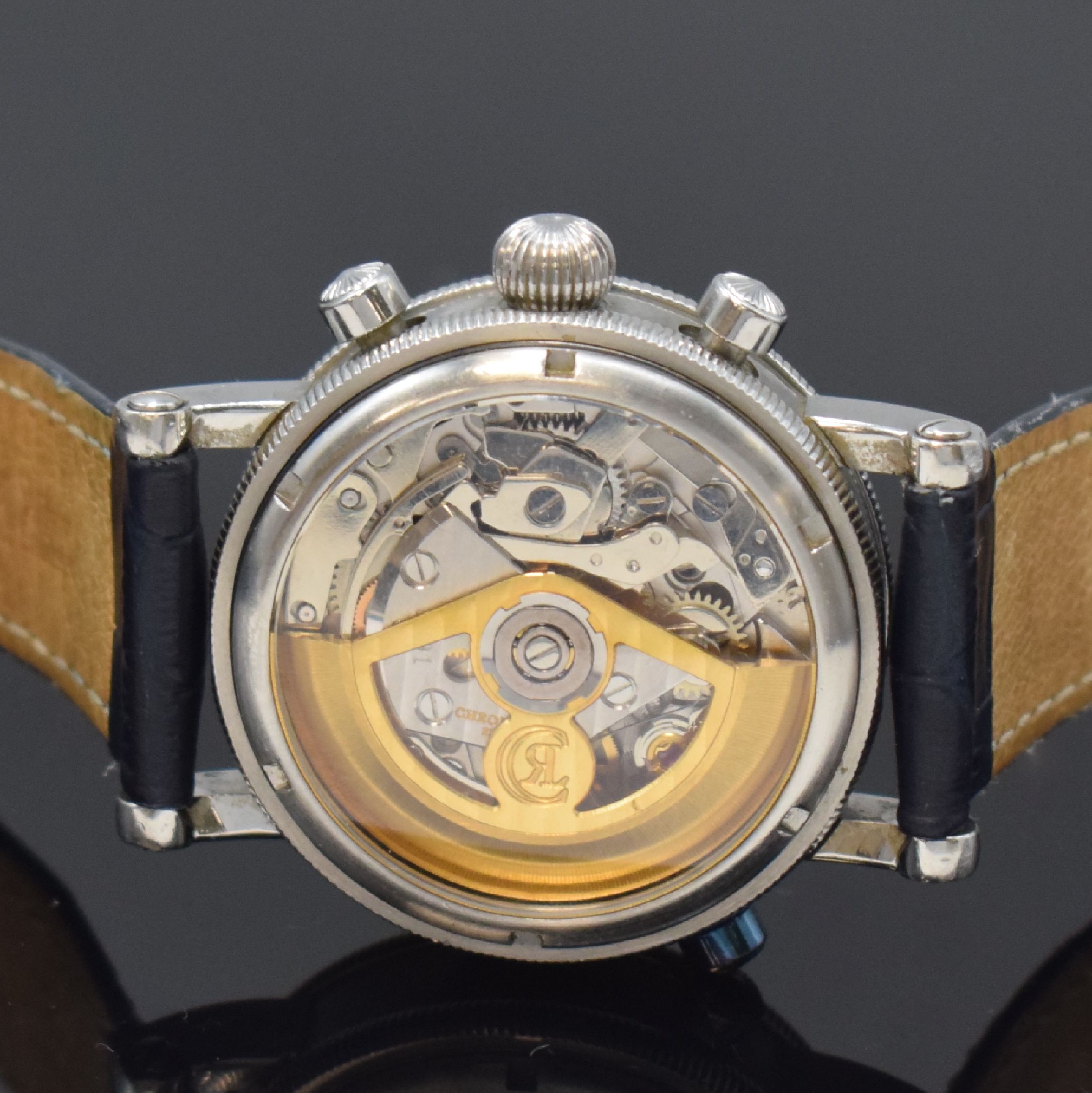 Detail e: CHRONOSWISS Armbandchronograph Modell Tora in Stahl Referenz CH 7423, Schweiz um 2005, Automatik, beids. vergl. Geh. inkl. Lederband m. Dornschl., ...