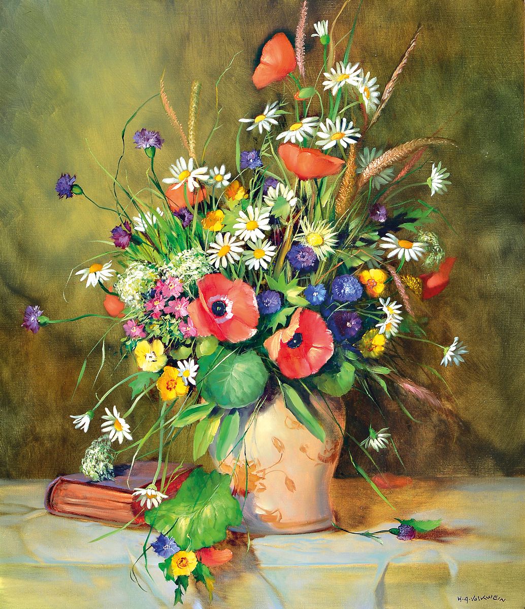 Helmut Andreas Volkwein, 1920-2004, üppiges Blumenstillleben mit Buch, Öl/Lwd, rechts unten signiert, ca. 70x60cm, R. ca. 90x80cm, Studium an der ...