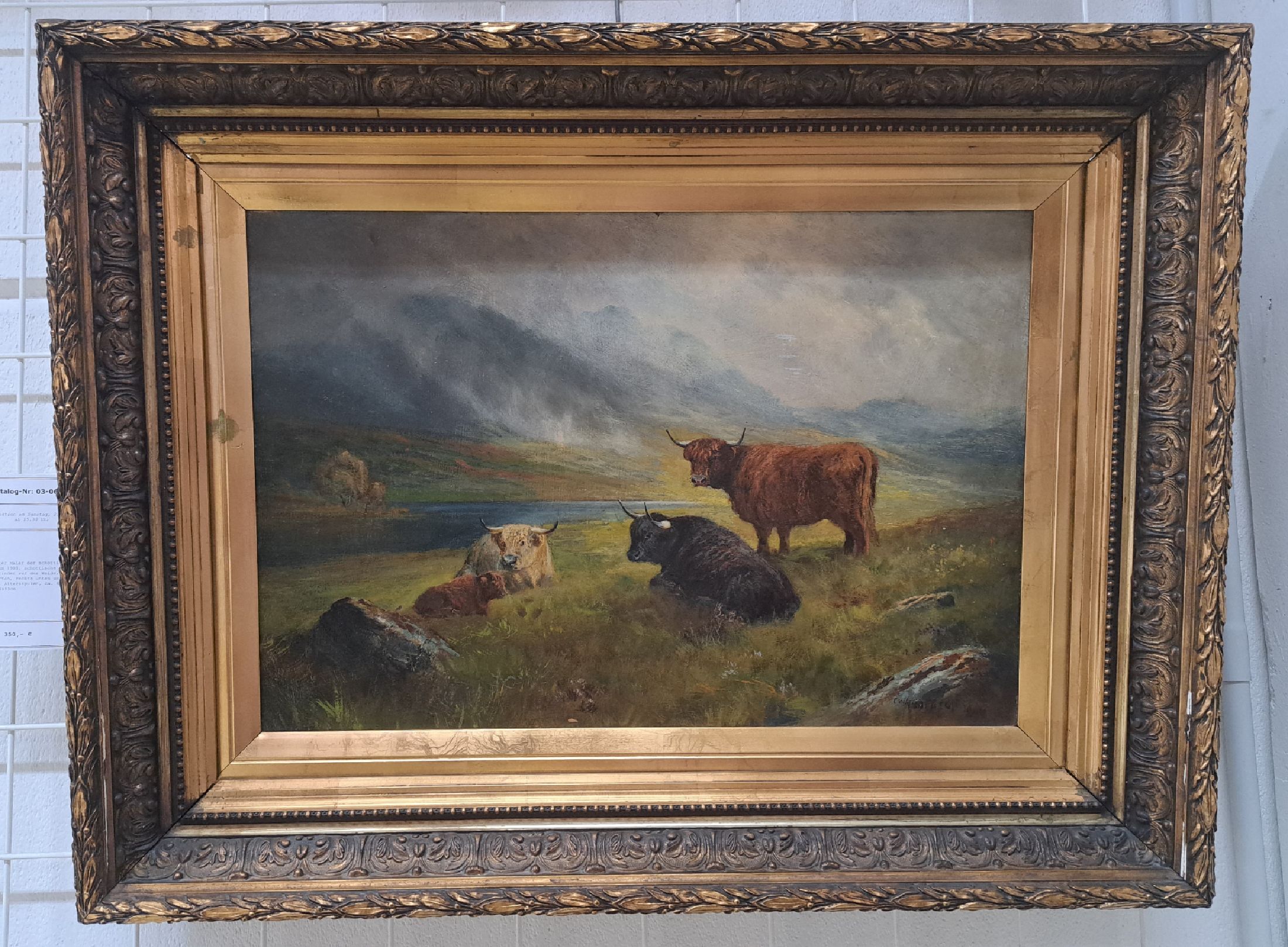 Detail a: Unbekannter Maler der schottischen Schule, um 1900, schottische Hochlandrinder auf der Weide, Öl/Malkarton, rechts unten unleserlich signiert, ...