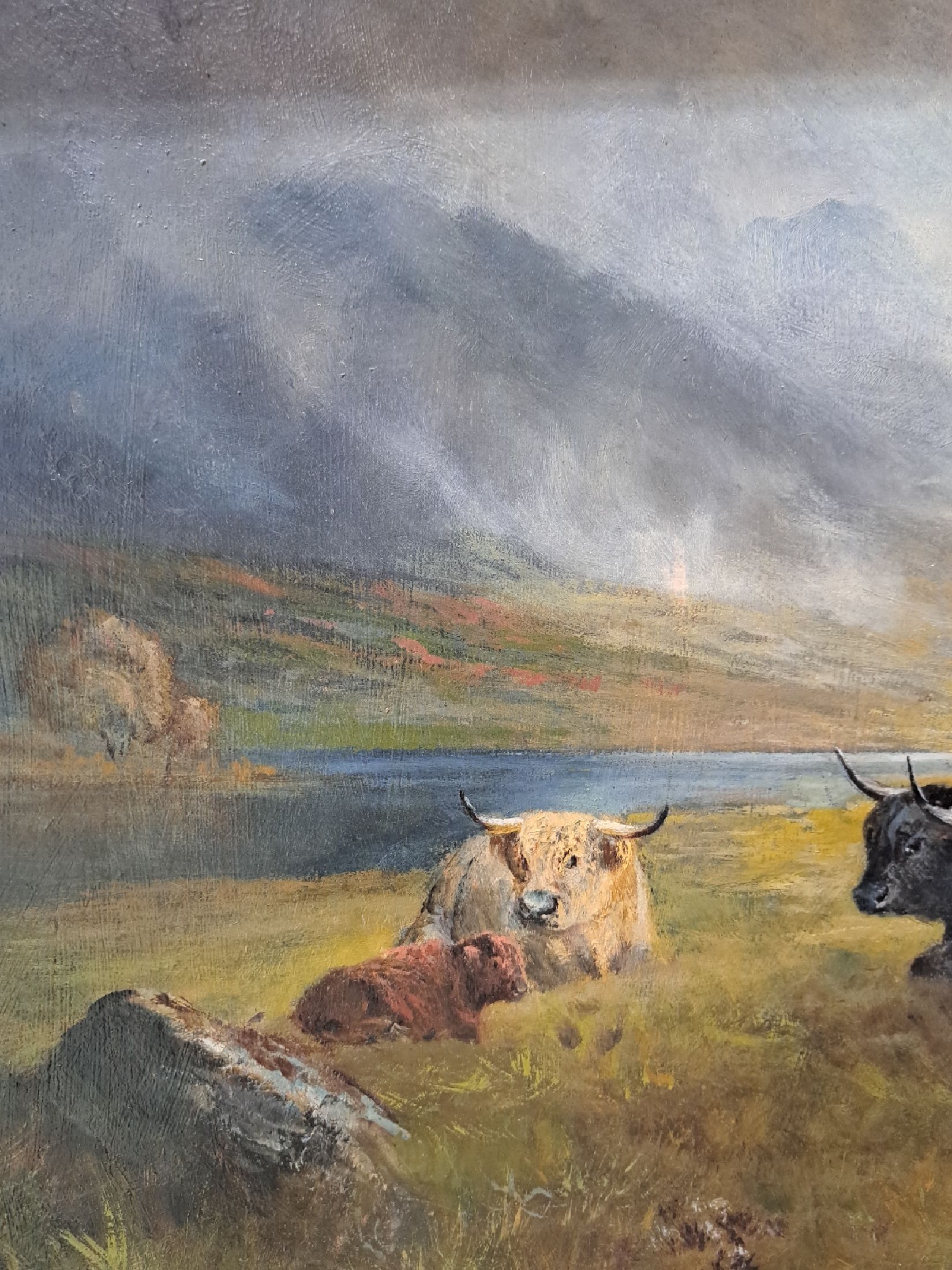 Detail c: Unbekannter Maler der schottischen Schule, um 1900, schottische Hochlandrinder auf der Weide, Öl/Malkarton, rechts unten unleserlich signiert, ...
