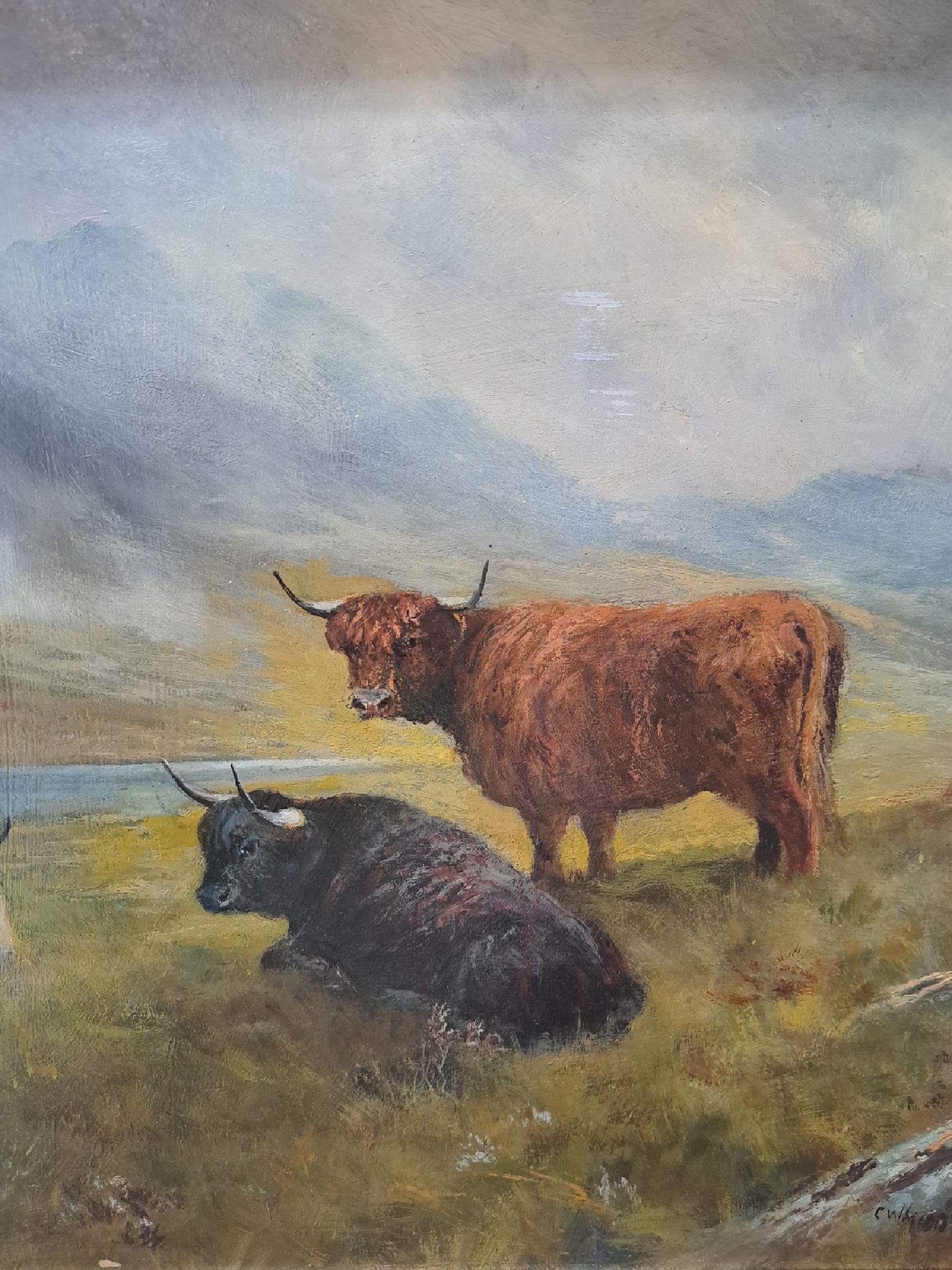 Detail d: Unbekannter Maler der schottischen Schule, um 1900, schottische Hochlandrinder auf der Weide, Öl/Malkarton, rechts unten unleserlich signiert, ...