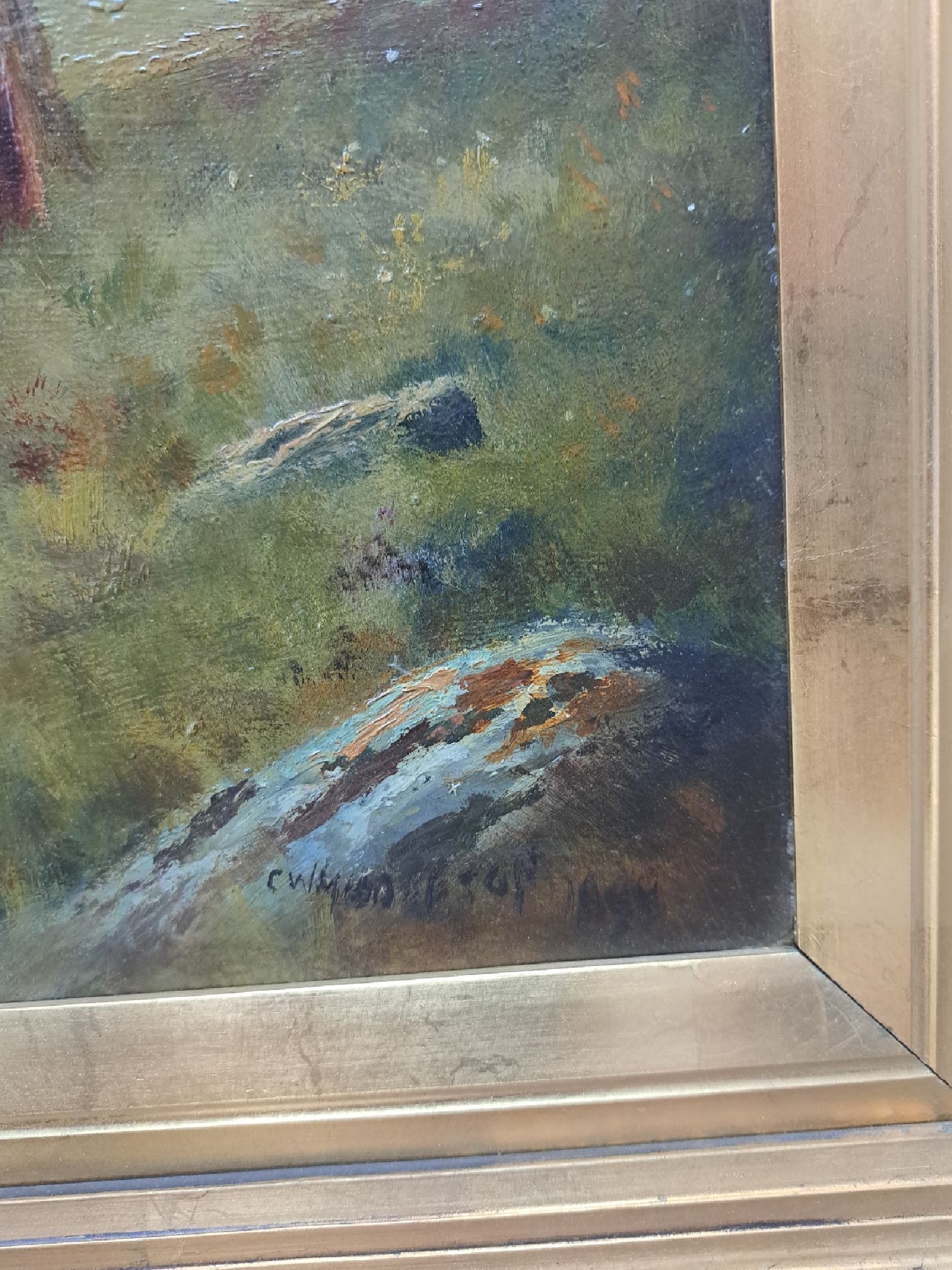 Detail f: Unbekannter Maler der schottischen Schule, um 1900, schottische Hochlandrinder auf der Weide, Öl/Malkarton, rechts unten unleserlich signiert, ...