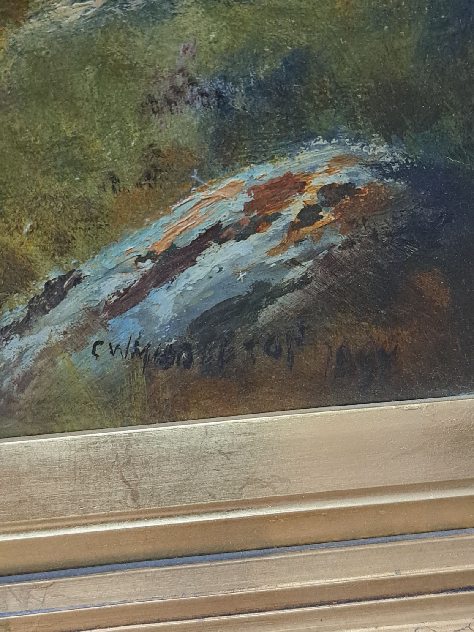 Detail g: Unbekannter Maler der schottischen Schule, um 1900, schottische Hochlandrinder auf der Weide, Öl/Malkarton, rechts unten unleserlich signiert, ...