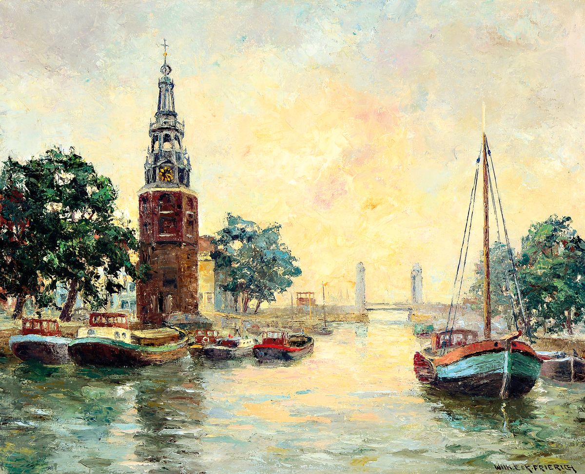 Wilhelm Esk. Frierich, Maler der Mitte des 20. Jh., Blick auf eine Hafeneinfahrt, Öl/Lwd, rechts unten signiert, ca. 65x80cm, R.ca. 80x95cm