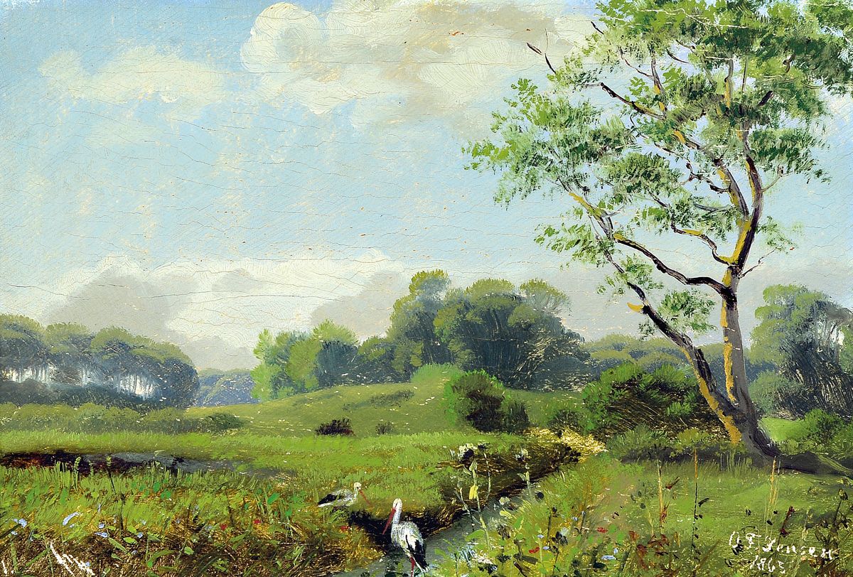 O.F. Jensen, datiert 1865, Störche am Bachlauf in baumbestandener Wiesenlandschaft, Öl/Lwd, rechts unten sign. t und dat., ca. 20x30cm, R. ca. ...