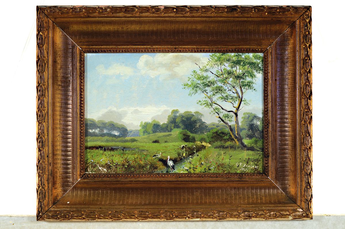 Detail k: O.F. Jensen, datiert 1865, Störche am Bachlauf in baumbestandener Wiesenlandschaft, Öl/Lwd, rechts unten sign. t und dat., ca. 20x30cm, R. ca. ...