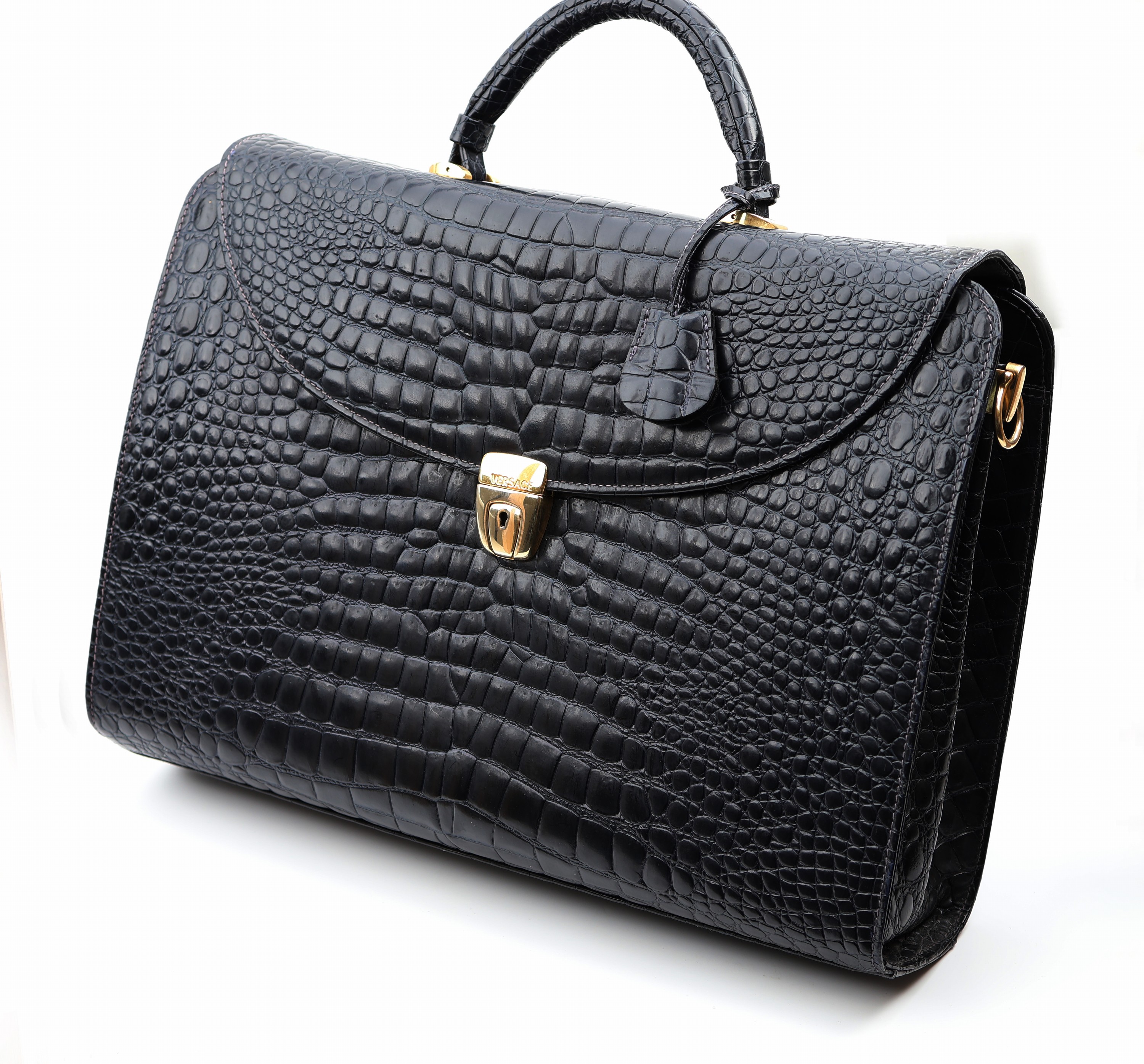 Detail a: GIANNI VERSACE vintage Aktentasche, geprägtes Leder, in Midnight Blue, 3 Leder Innenfächer, 1 x mit Reißverschluss, Organizerfür Handy, Stifte ...