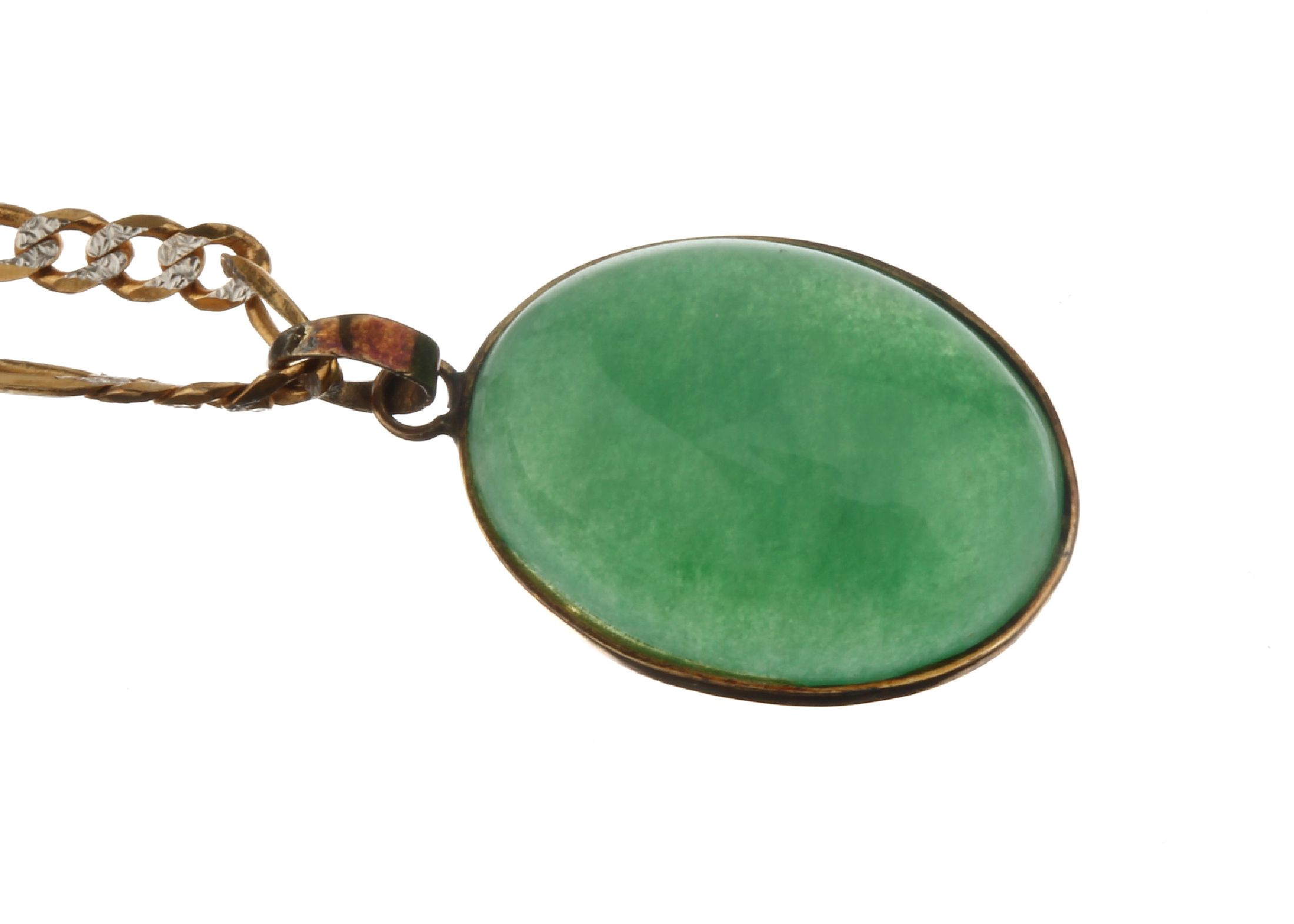Detail a: 14 kt Gold Chrysopras-Anhänger an 18 kt Gold Kette, GG 585/000 gepr., GG/WG 750/000, schlichter Anhänger mit ovalem Chrysopras- Cabochon, Kette, ...