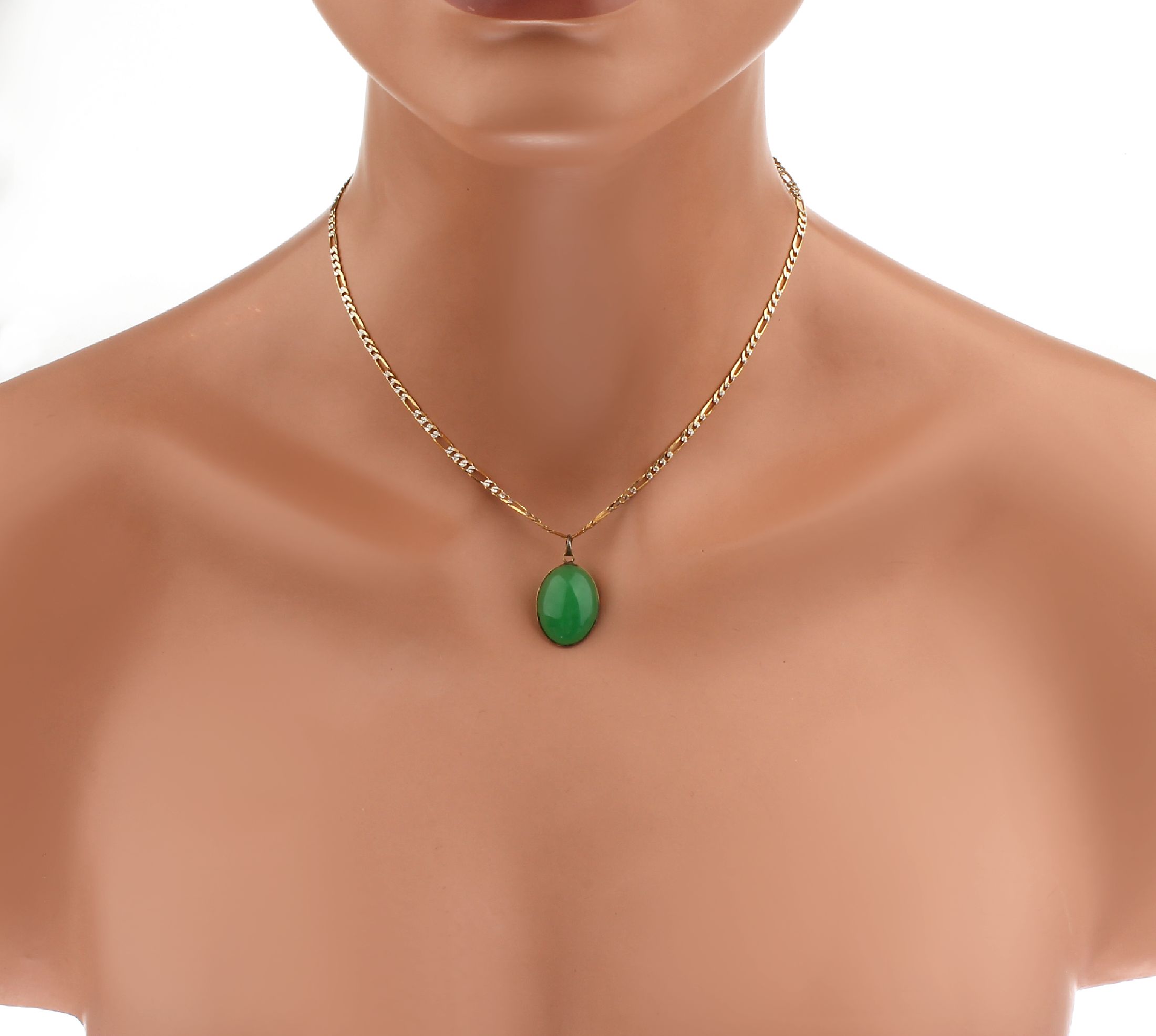 Detail c: 14 kt Gold Chrysopras-Anhänger an 18 kt Gold Kette, GG 585/000 gepr., GG/WG 750/000, schlichter Anhänger mit ovalem Chrysopras- Cabochon, Kette, ...