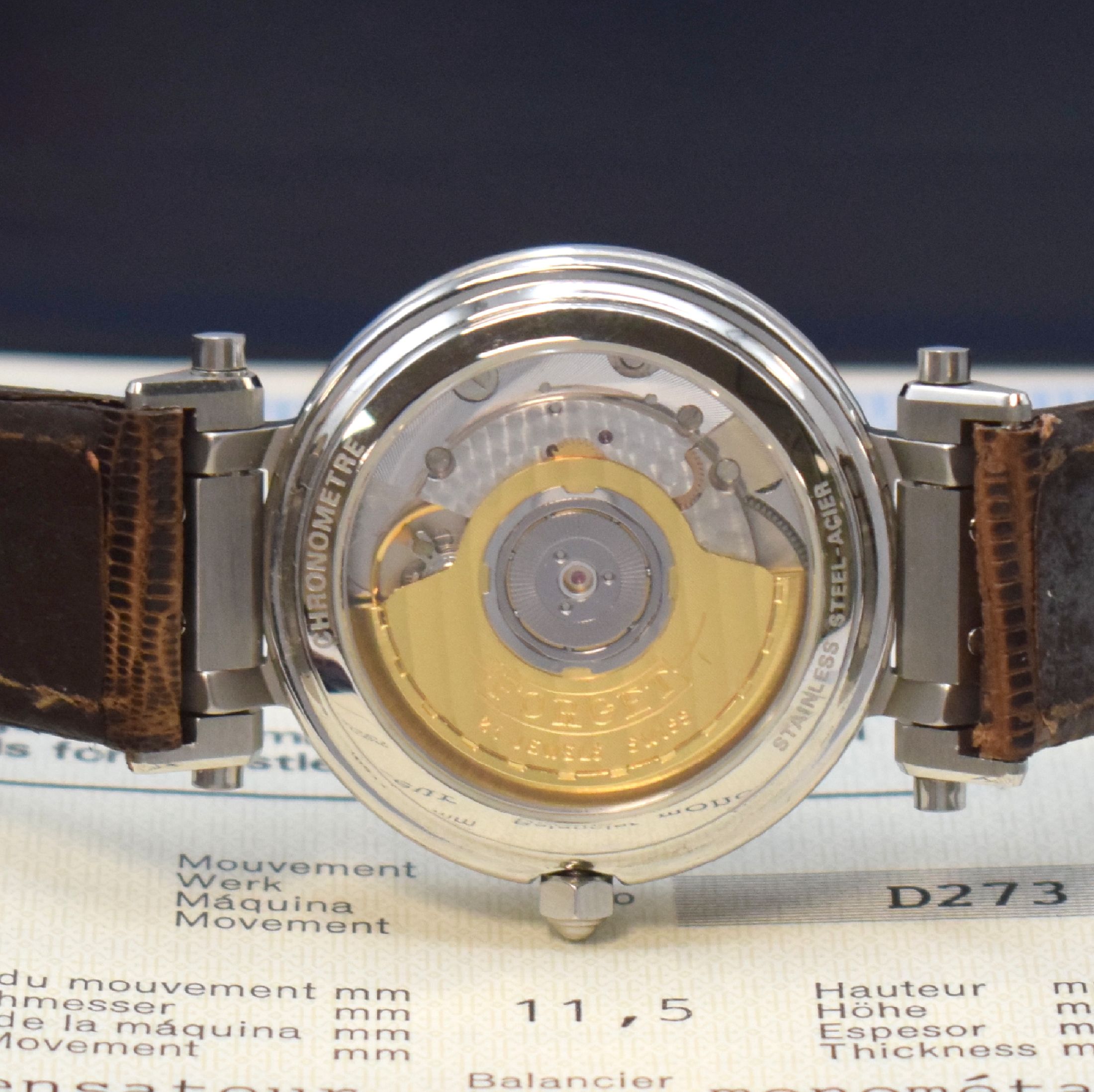 Detail e: FORGET Classic D Chronometer Herrenarmbanduhr Nr. D 273 mit Tag und Datum, Schweiz um 1991, Automatik, aufw., beids. vergl. Edelstahlgehäuse, Boden ...