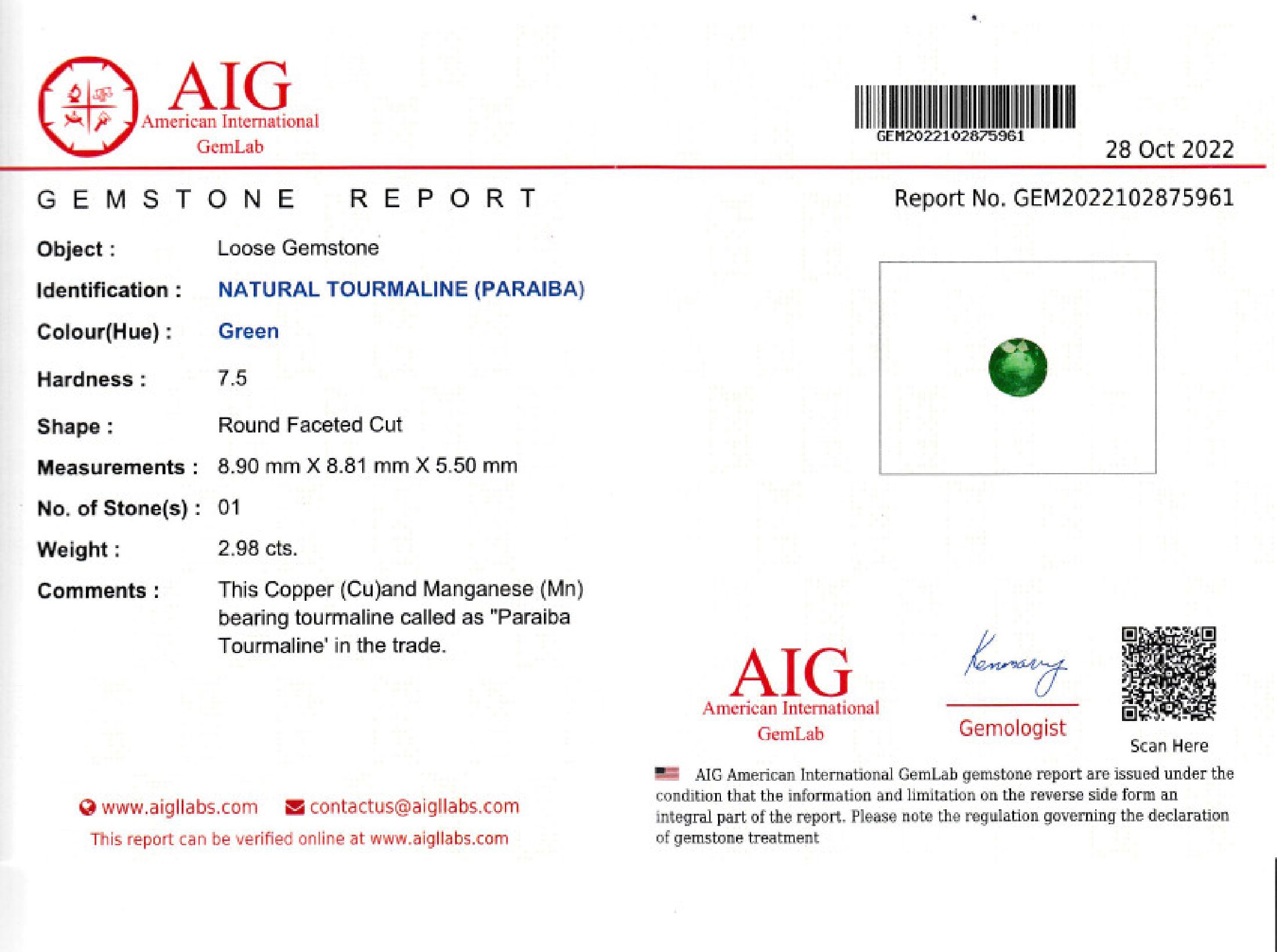 Detail b: Konvolut 3 Paraiba-Turmaline: 1 x 2.98 ct, rundfacett. 8.9 x 8.81 x 5.5 mm; 1 x facett. Tropfenform 9.06 x 7.12 x 4.52 mm;1 x oktogonaler ...