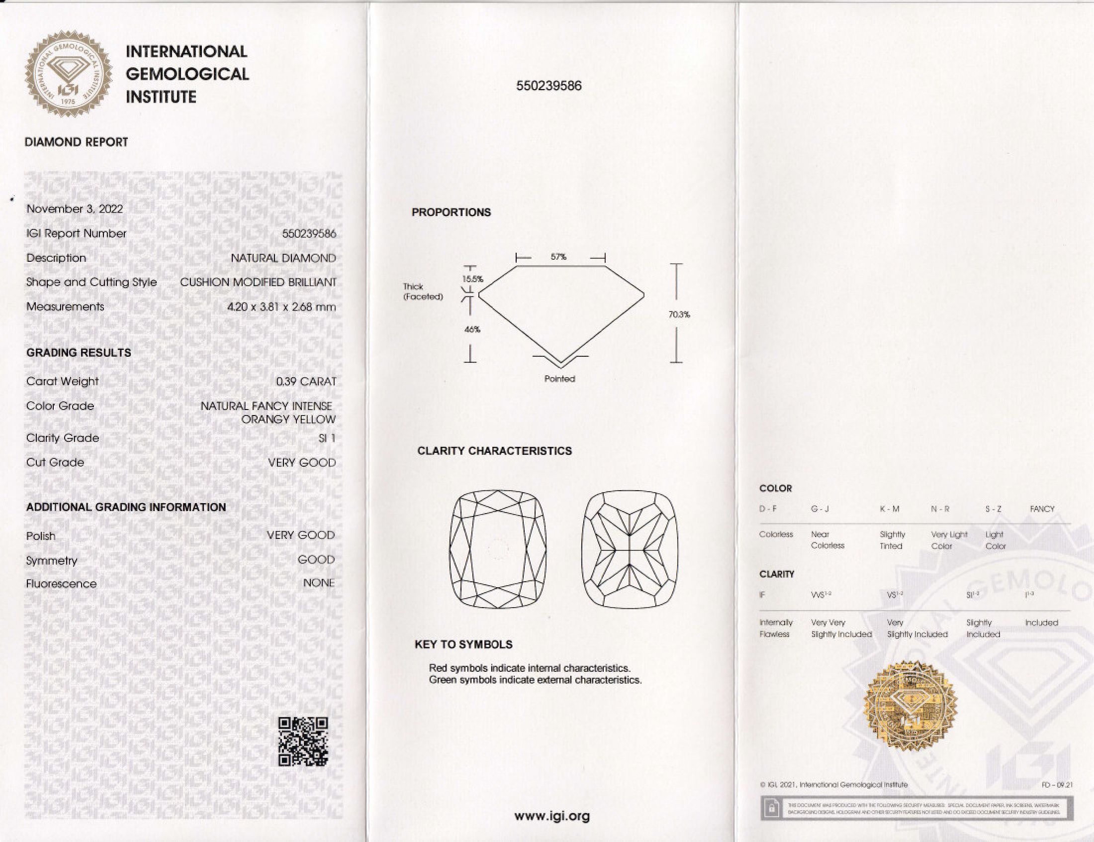 Detail a: Loser Diamant, 0.39 ct natural fancy intense orangy yellow/si1, Cushion-Cut, eingeschweißt, mit IGI-Expertise