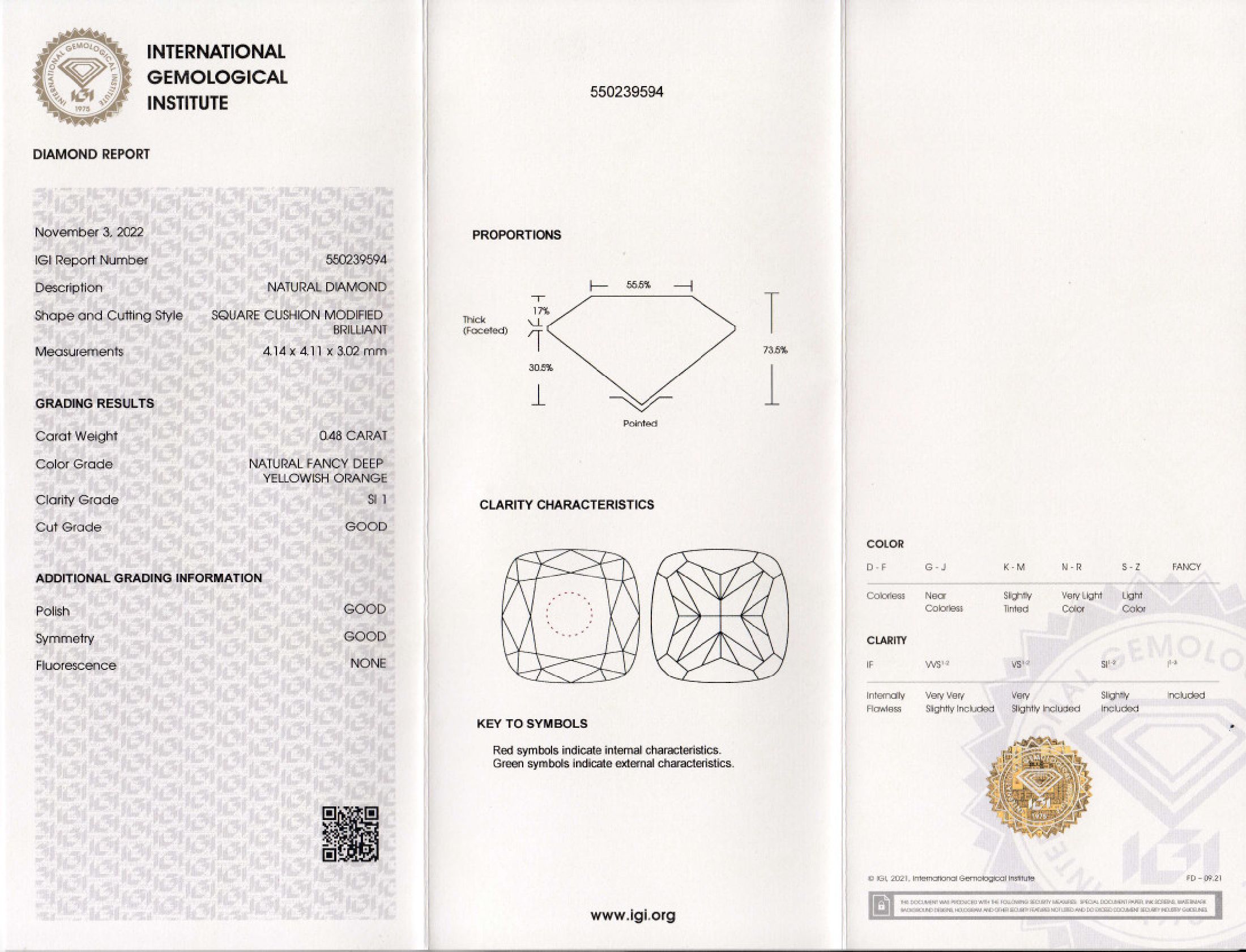 Detail a: Loser Diamant, 0.48 ct natural fancy deep yellowish orange/si1, Cushion-Cut, eingeschweißt, mit IGI-Expertise