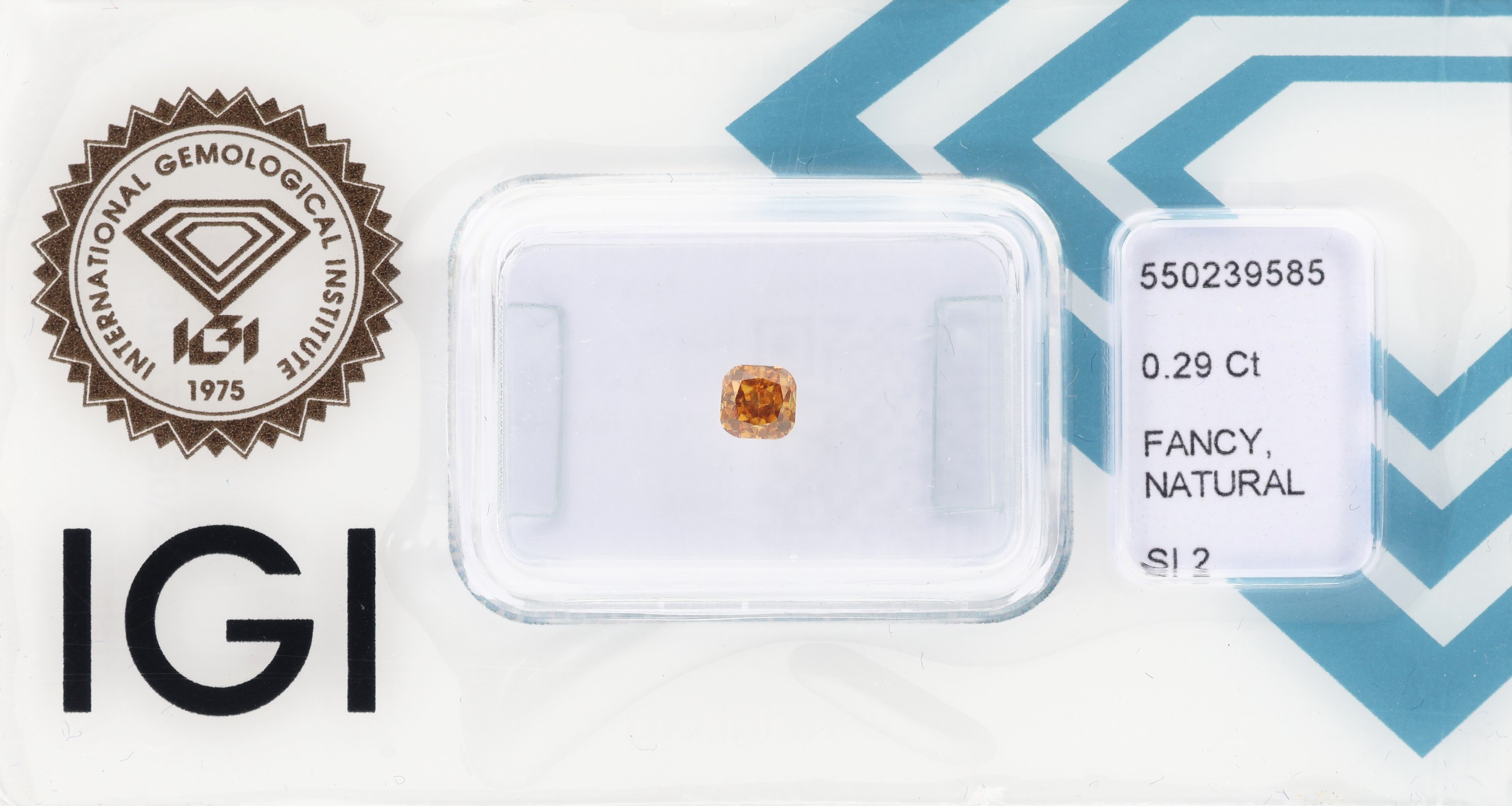 Loser Diamant, 0.29 ct natural fancy intense orangy yellow/si2, Cushion-Cut, eingeschweißt, mit IGI-Expertise