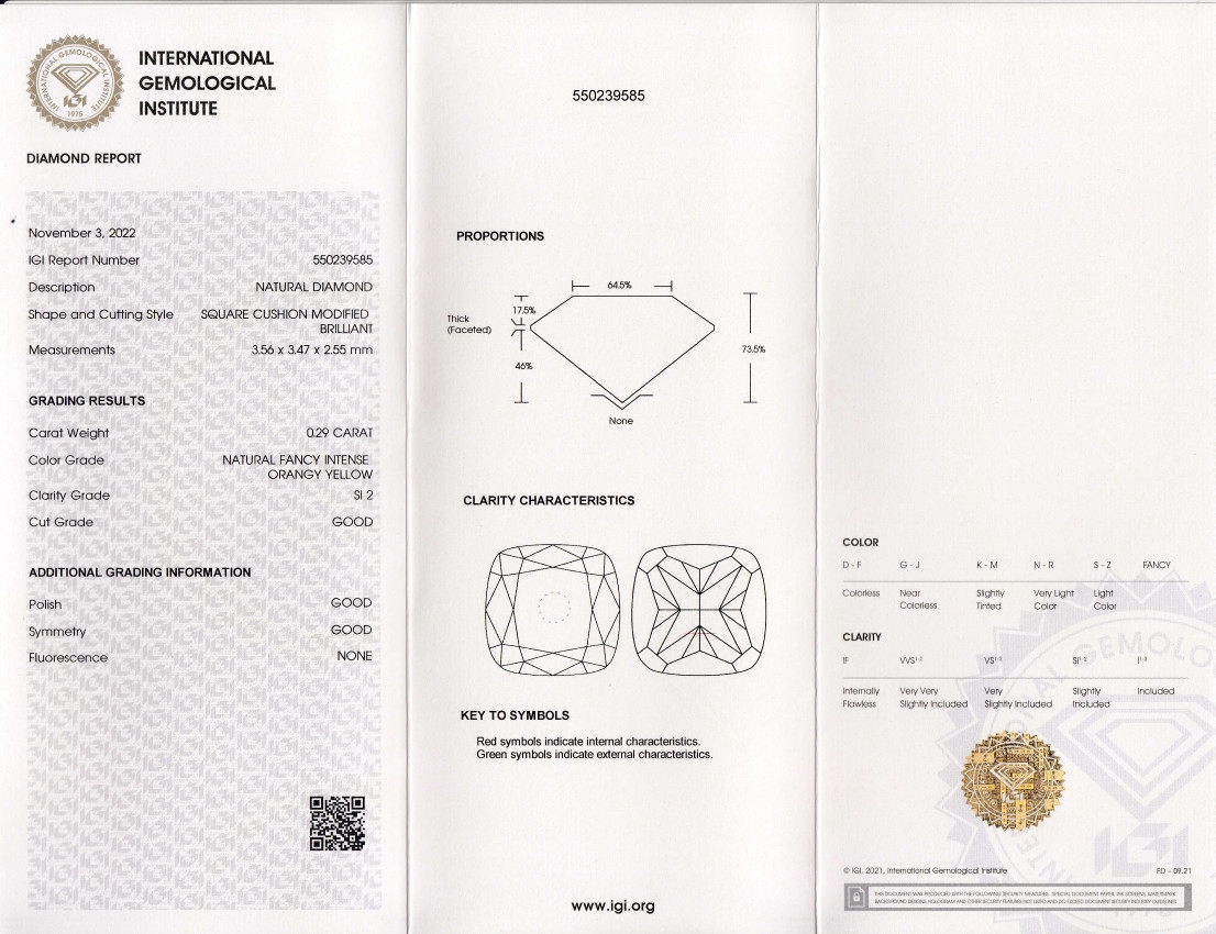 Detail a: Loser Diamant, 0.29 ct natural fancy intense orangy yellow/si2, Cushion-Cut, eingeschweißt, mit IGI-Expertise