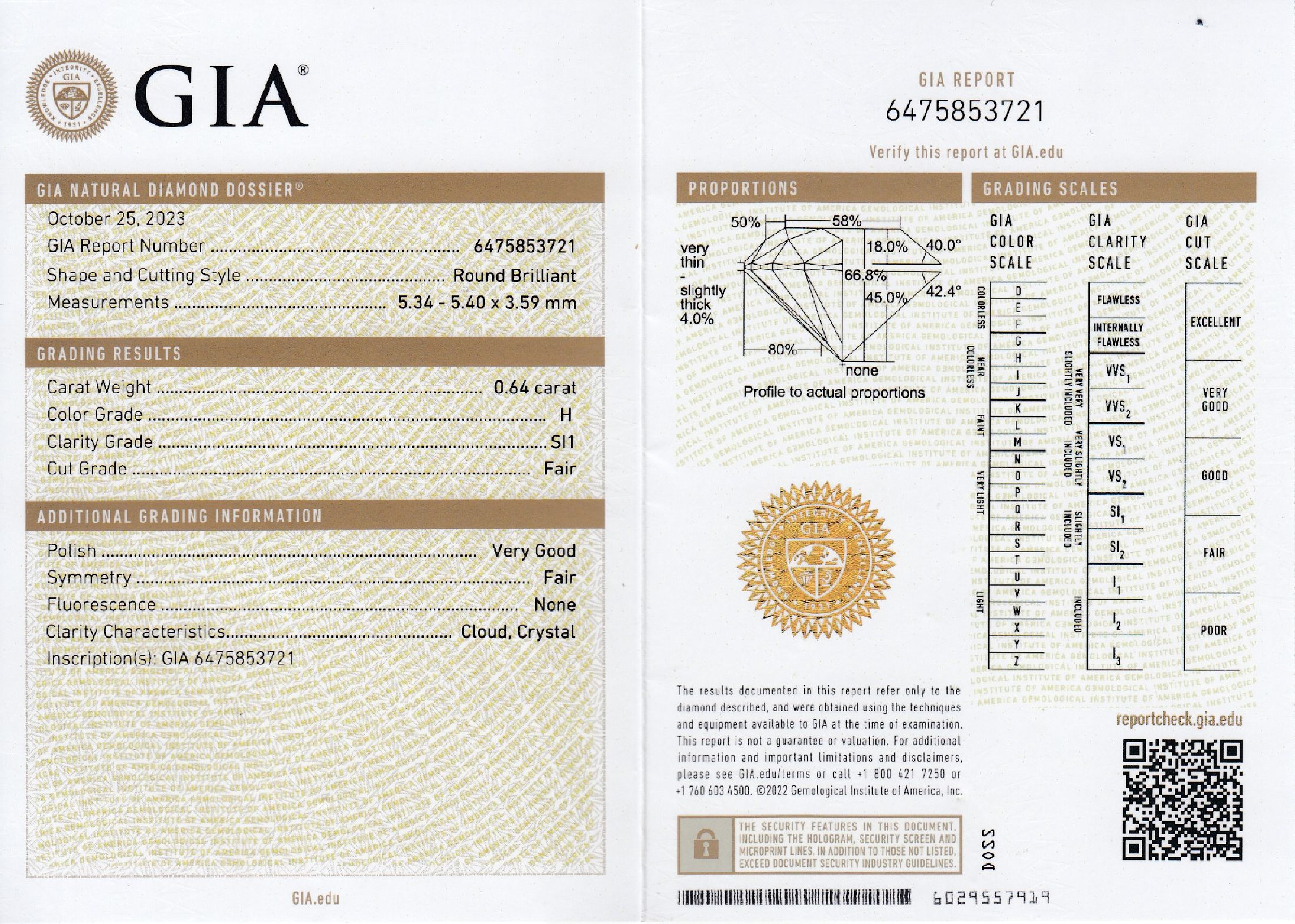 Detail b: Loser Brillant, 0.64 ct Weiß(H)/si1, mit GIA-Expertise