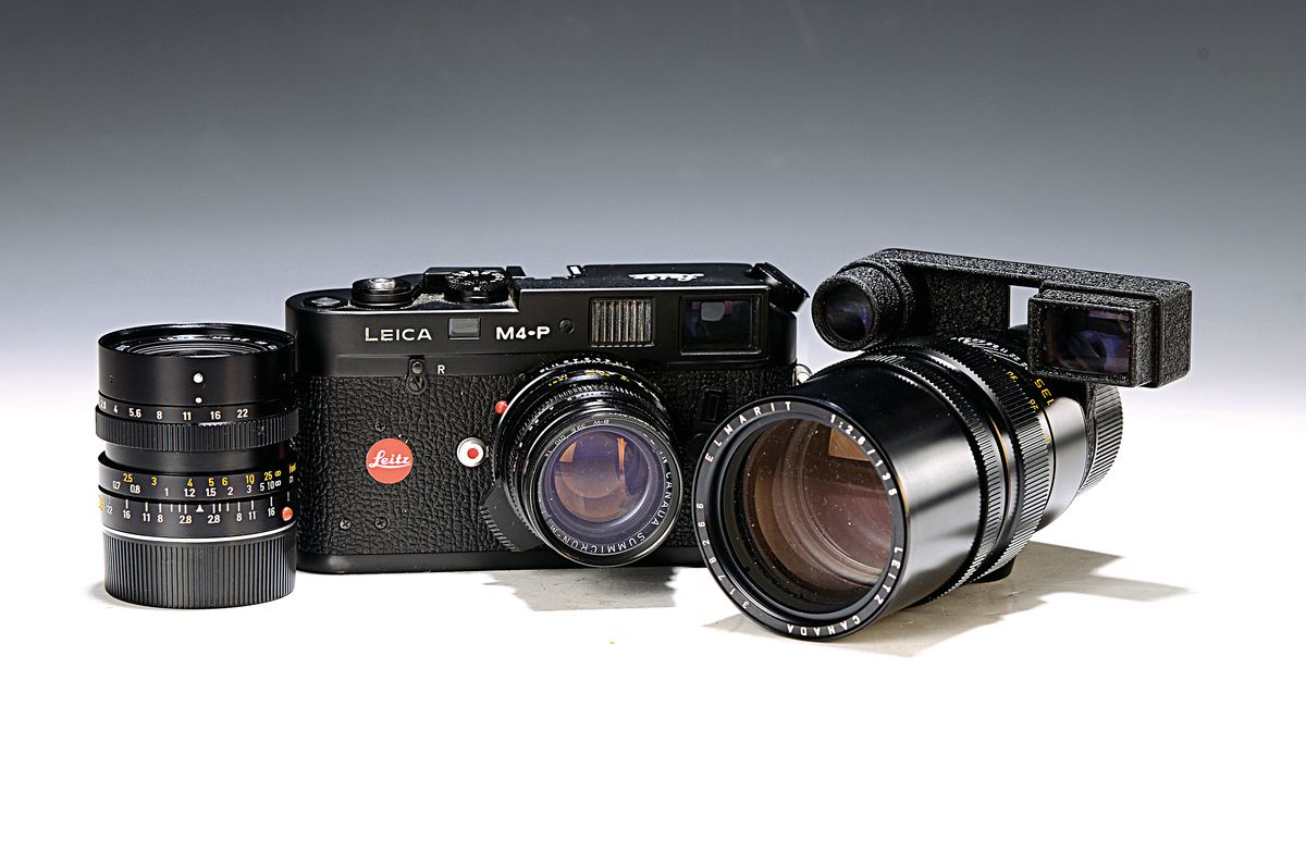 Leica M4-P, Bj. 1981, mit 3 Objektiven, Nr. 1550766, Elmarit-M 28mm 1:2.8, Summicron-M 50mm 1:2, Elmarit 135mm 1:2.8, zwei Taschen, sekundär; ...