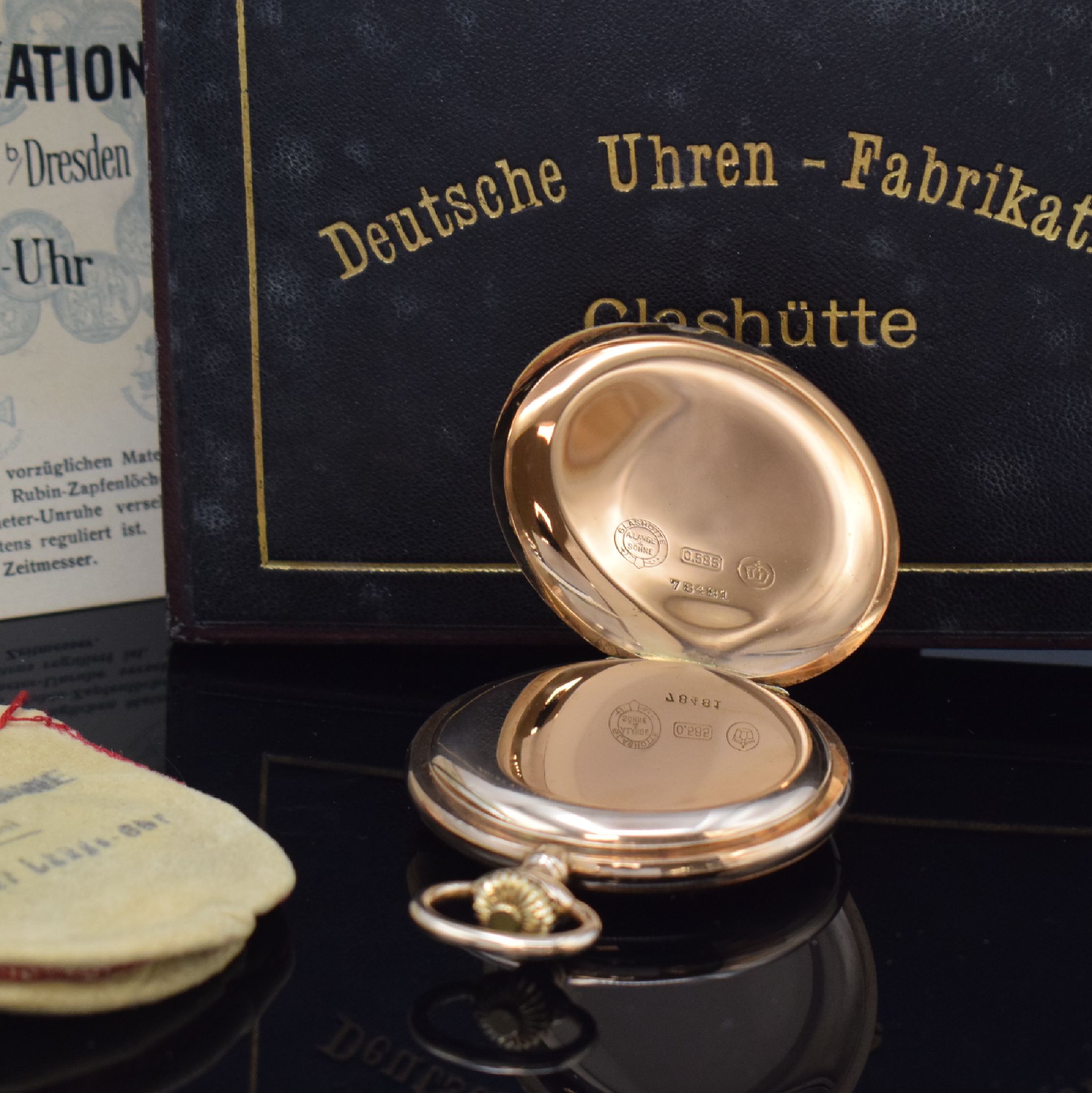 Detail d: A. LANGE & SÖHNE Deutsche Uhrenfabrikation Glashütte i/SA Savonette in RoseG 585/000, Deutschland um 1920, glattes 3-Deckel Goldgeh., ...