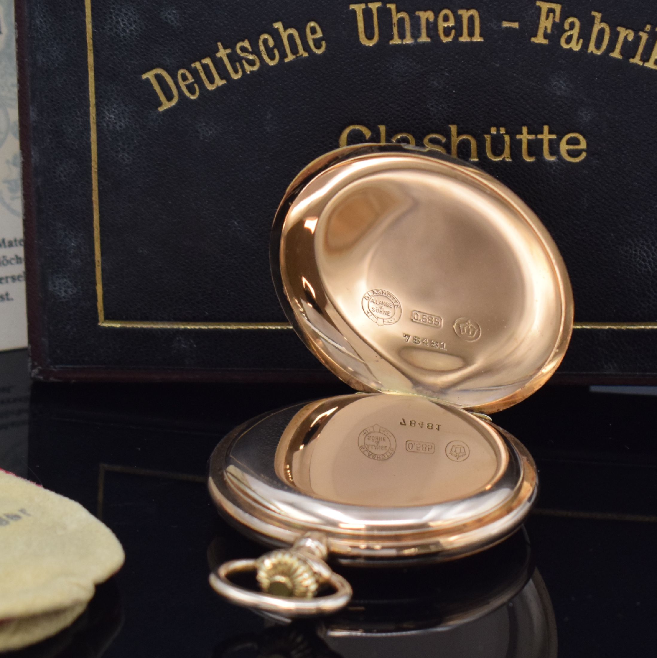 Detail e: A. LANGE & SÖHNE Deutsche Uhrenfabrikation Glashütte i/SA Savonette in RoseG 585/000, Deutschland um 1920, glattes 3-Deckel Goldgeh., ...