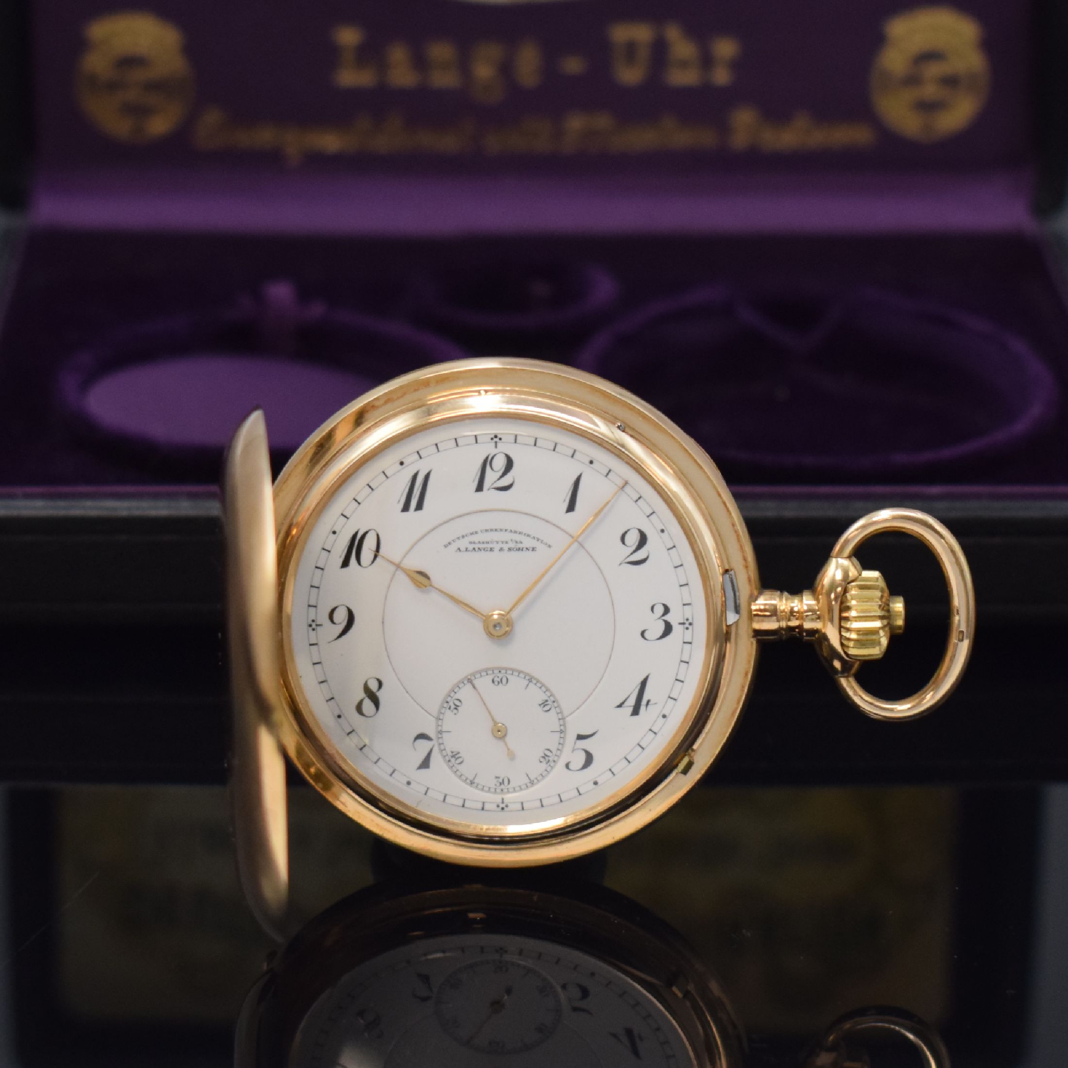 A. LANGE & SÖHNE Deutsche Uhrenfabrikation Herrensavonette in GG 585/000, Deutschland um 1920, glattes 3-Deckel Gold Lucia-Geh., 3 -teil. ...