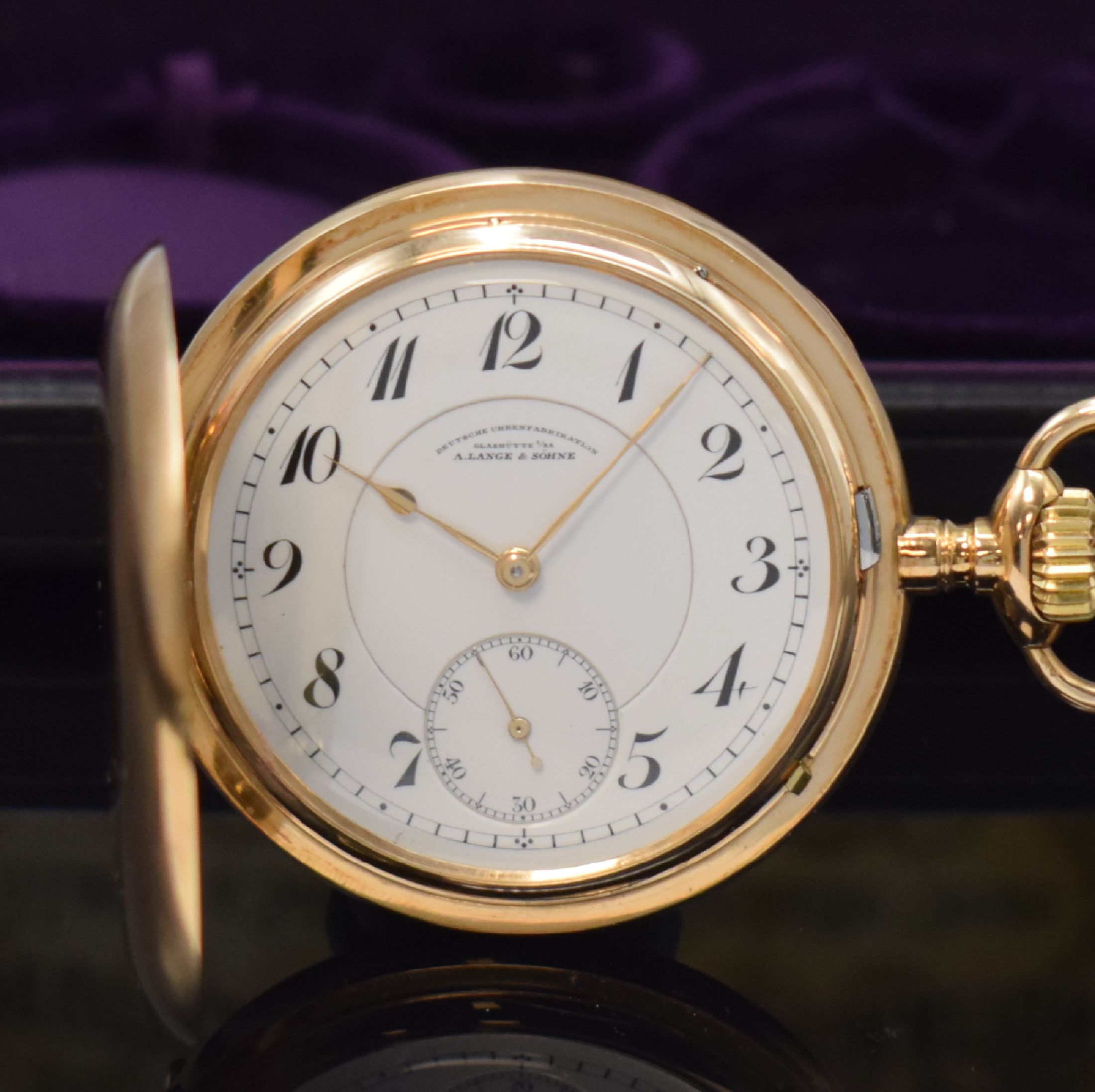 Detail a: A. LANGE & SÖHNE Deutsche Uhrenfabrikation Herrensavonette in GG 585/000, Deutschland um 1920, glattes 3-Deckel Gold Lucia-Geh., 3 -teil. ...