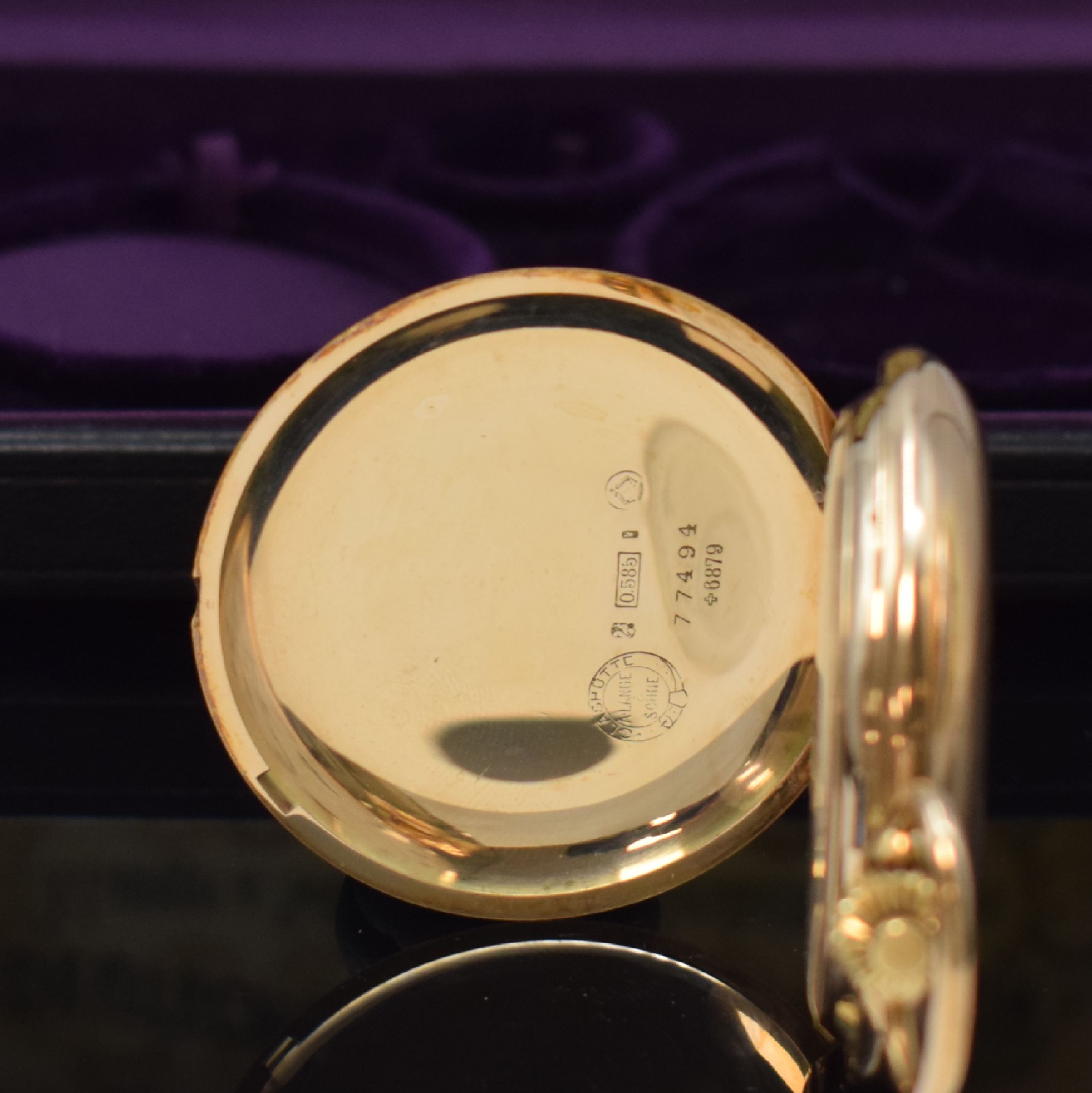 Detail b: A. LANGE & SÖHNE Deutsche Uhrenfabrikation Herrensavonette in GG 585/000, Deutschland um 1920, glattes 3-Deckel Gold Lucia-Geh., 3 -teil. ...
