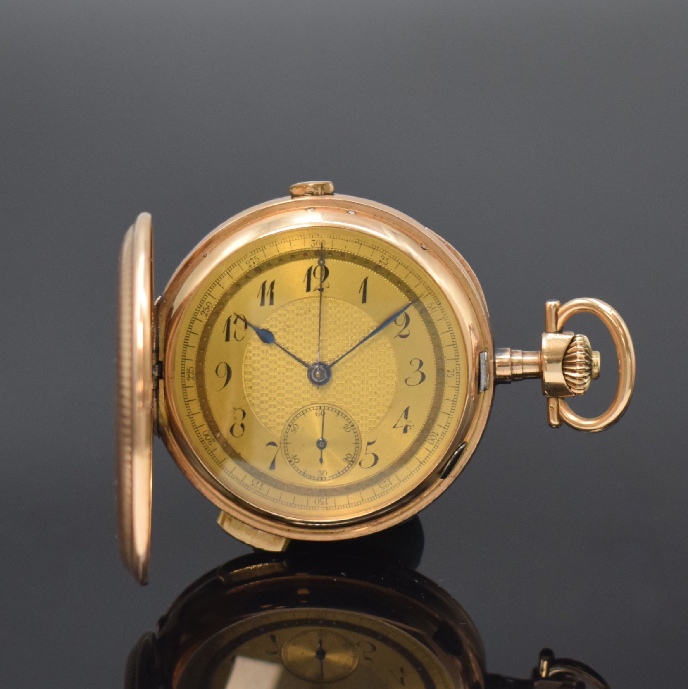 Herrensavonette mit 1/4-Repetition und Schaltradchronograph in RG 585/000, Schweiz um 1900, Strahlen-guill. 3-Deckel Goldgeh. dell., ...