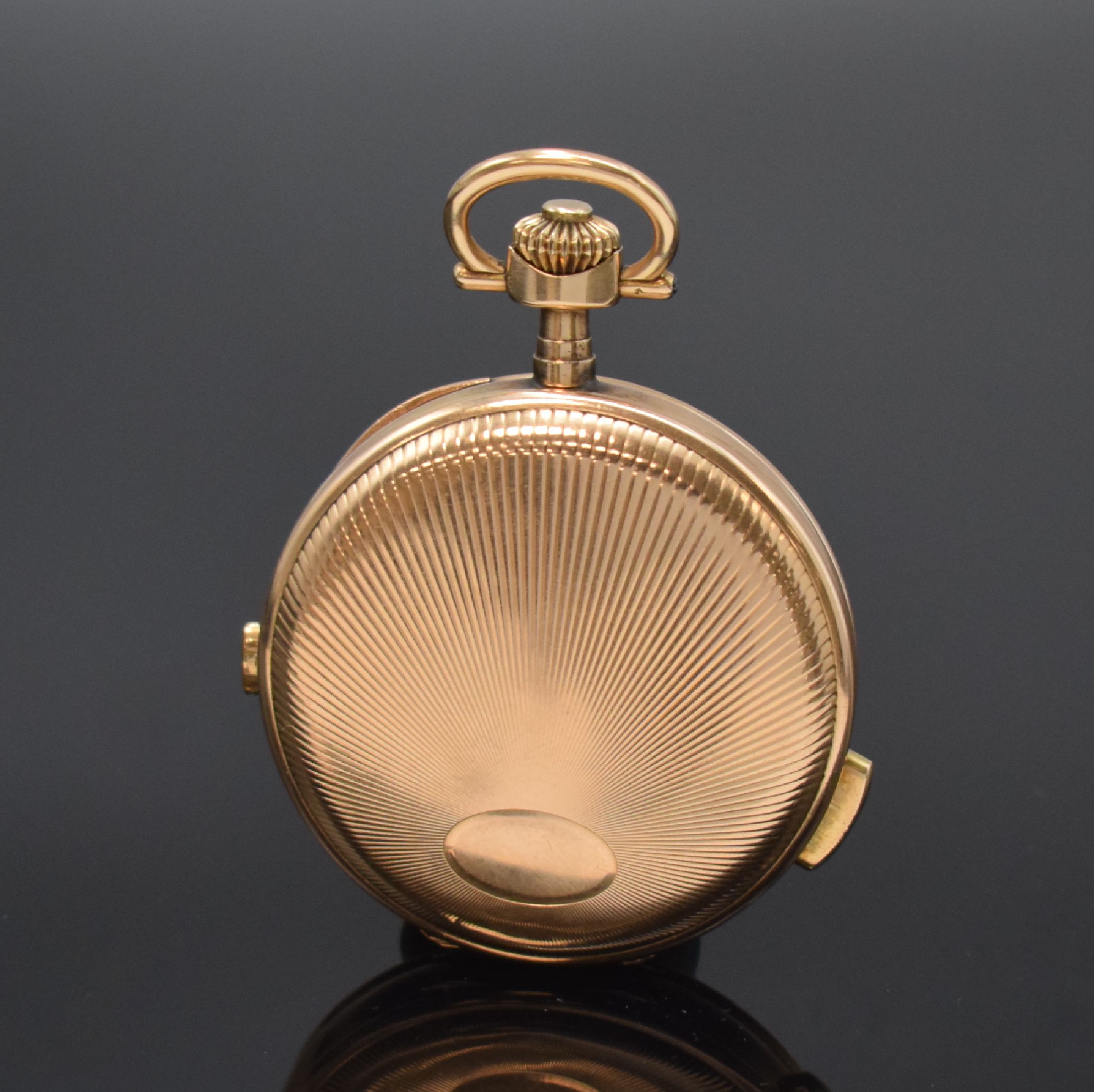 Detail b: Herrensavonette mit 1/4-Repetition und Schaltradchronograph in RG 585/000, Schweiz um 1900, Strahlen-guill. 3-Deckel Goldgeh. dell., ...