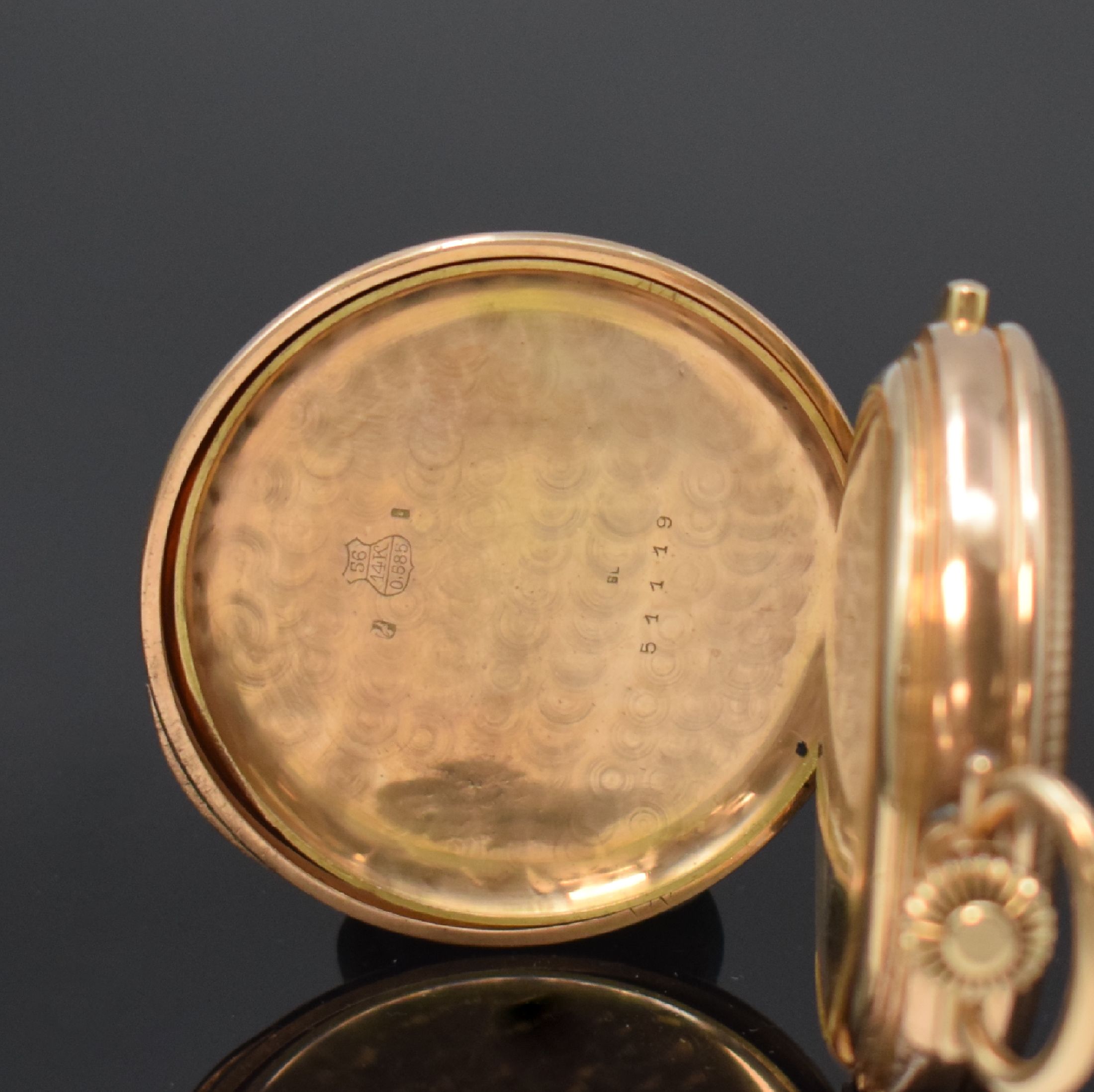 Detail f: Herrensavonette mit 1/4-Repetition und Schaltradchronograph in RG 585/000, Schweiz um 1900, Strahlen-guill. 3-Deckel Goldgeh. dell., ...