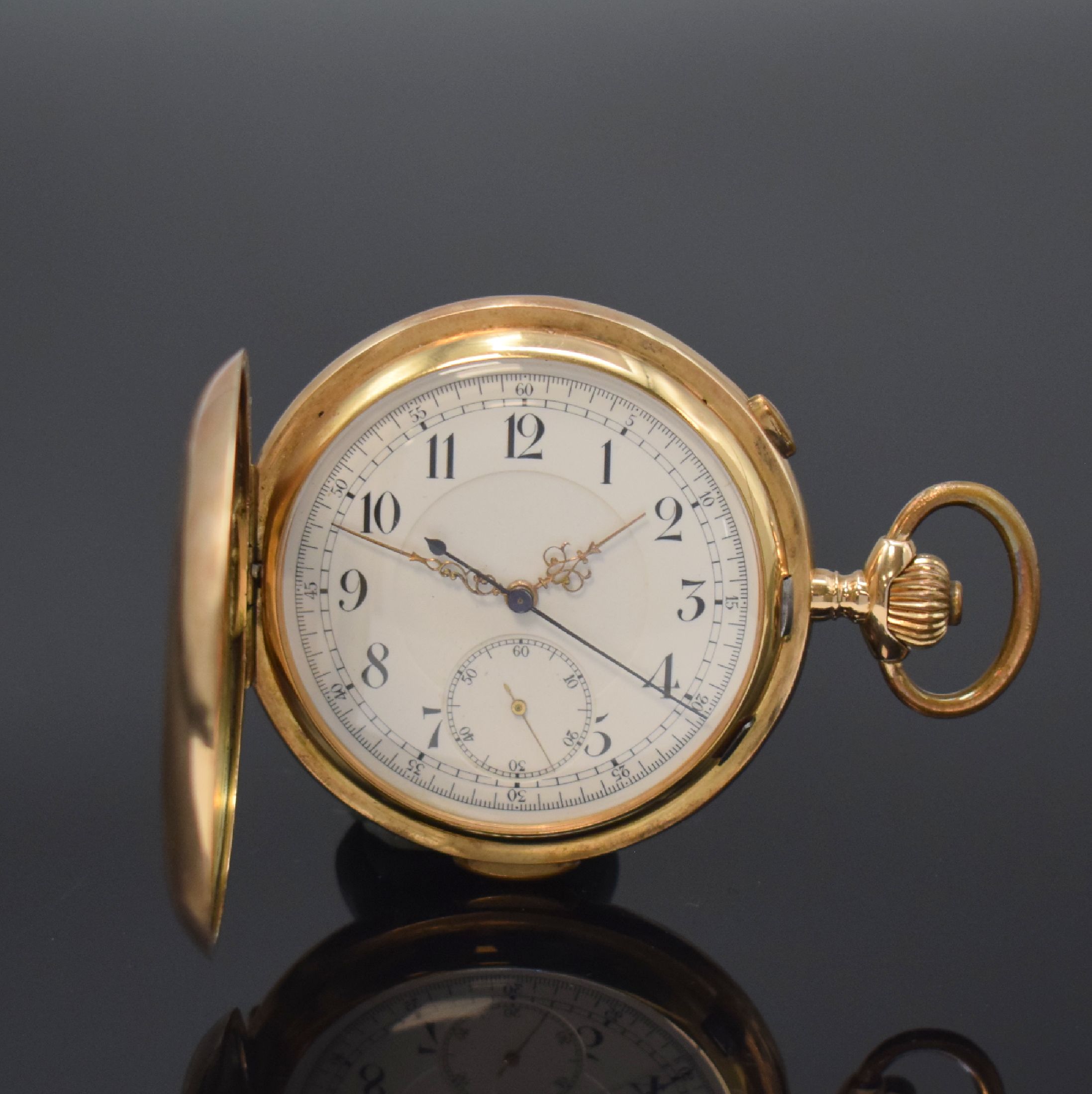 Herrensavonette mit 1/4-Repetition und Schaltradchronograph in RG 585/000, Schweiz um 1900, glattes 3-Deckel Goldgeh. dell., Emailzifferbl. m. arab. ...