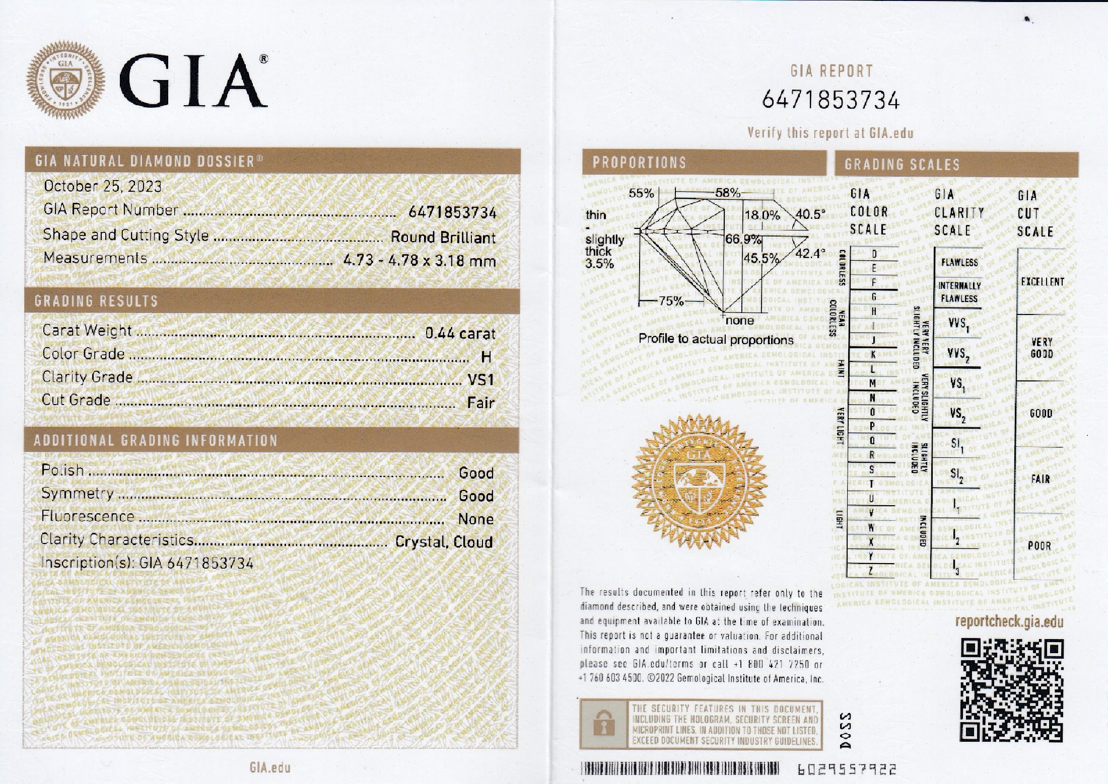 Detail b: Loser Brillant, 0.49 ct Weiß(H)vs1, mit GIA-Expertise