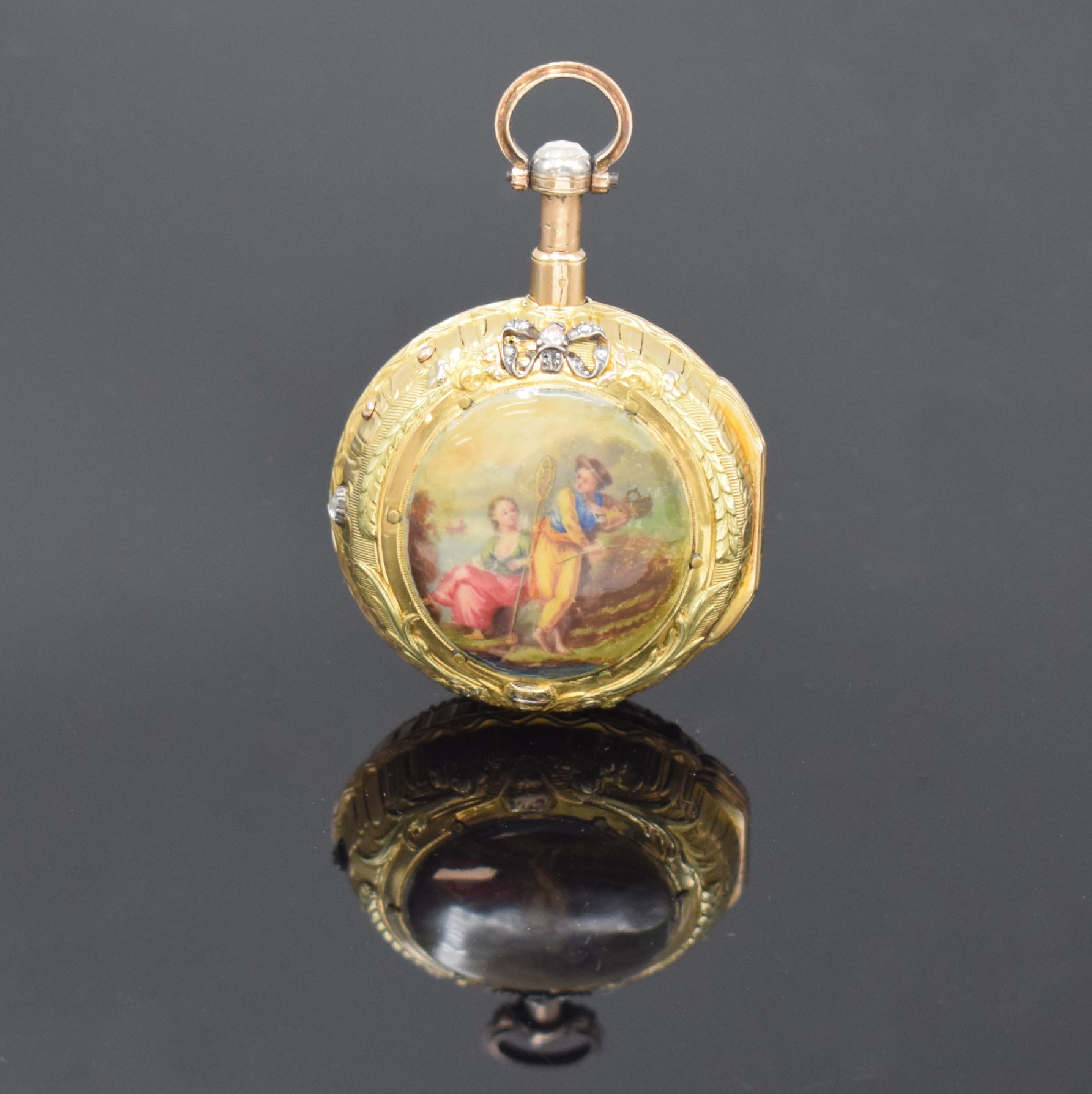 ROMILLY A Paris Spindeltaschenuhr mit 1/4- Stunden-Repetition, Frankreich um 1790, aufw. 18k Goldgeh. reich verz., Glasrand, Bügel und Öffnungsdr. ...
